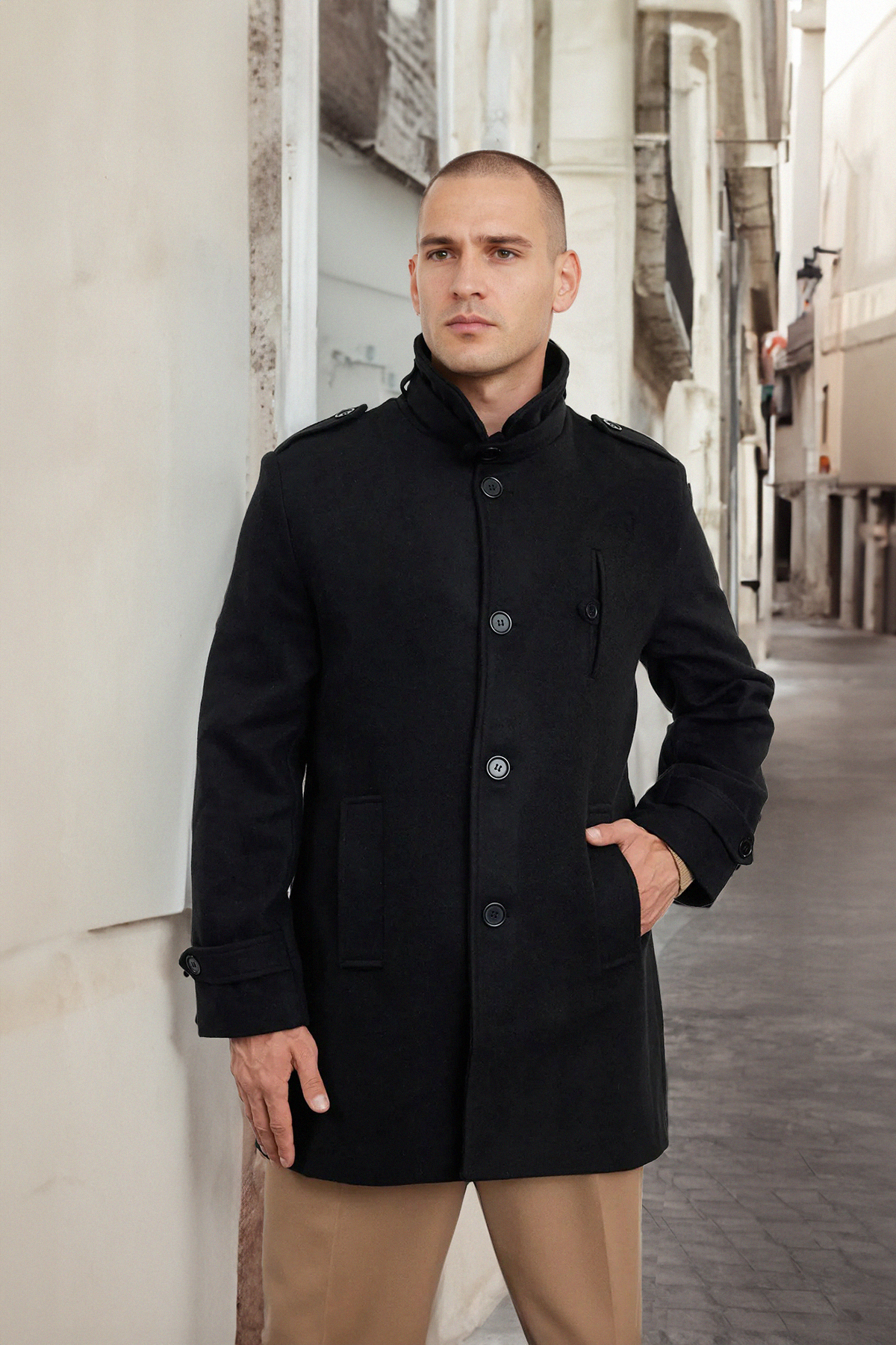 Trendyol Collection Wintermantel Aus Wollmischung Stamp Schwarz Regular Fit für Herren - S