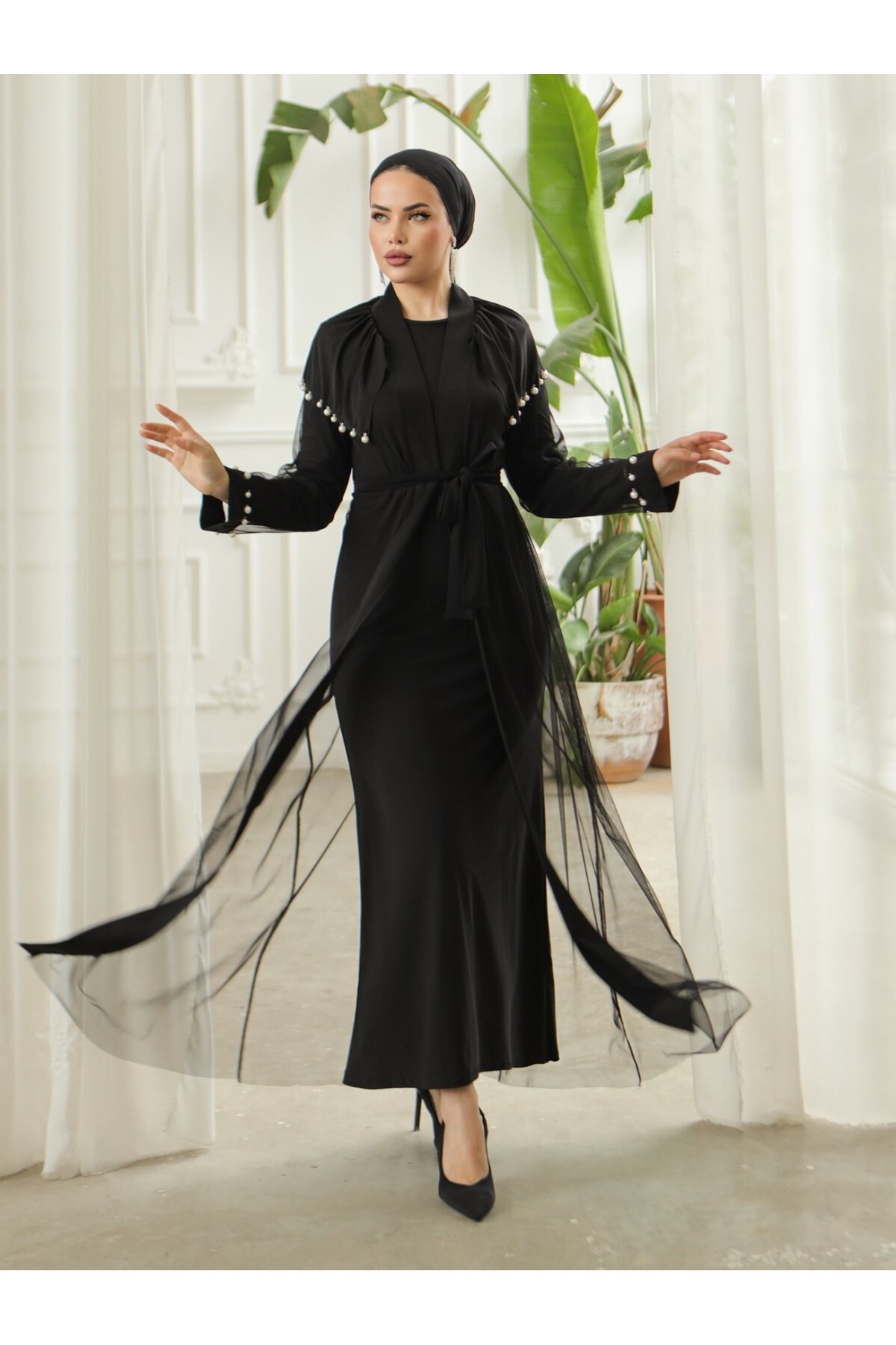 Modamorfo Sendy Abaya Mit Tüll-cardigan Und Perlendetail für Damen - 2