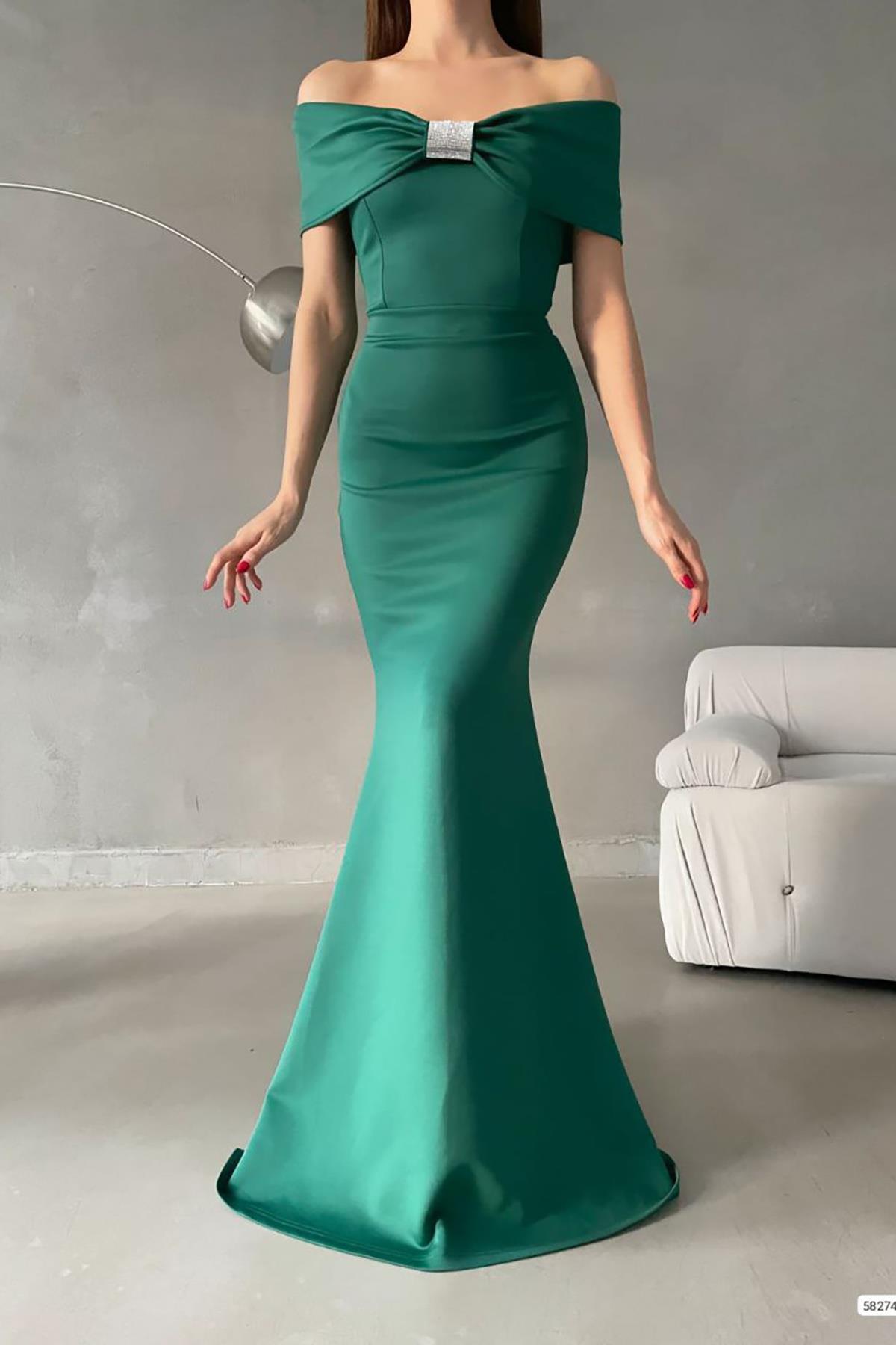 Deafox Grünes Maxi-abendkleid Aus Netzstoff Mit Madonna-kragen Und Steindetail für Damen - S