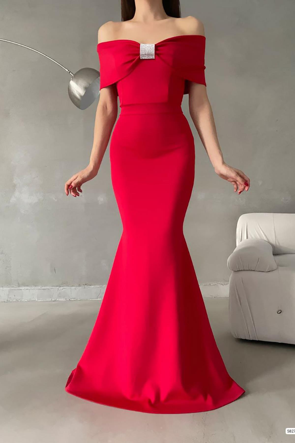 Deafox Rotes Abendkleid Mit Madonna-kragen Und Steindetail In Maxilänge Aus Scuba-stoff Mit Netzstoff für Damen - S