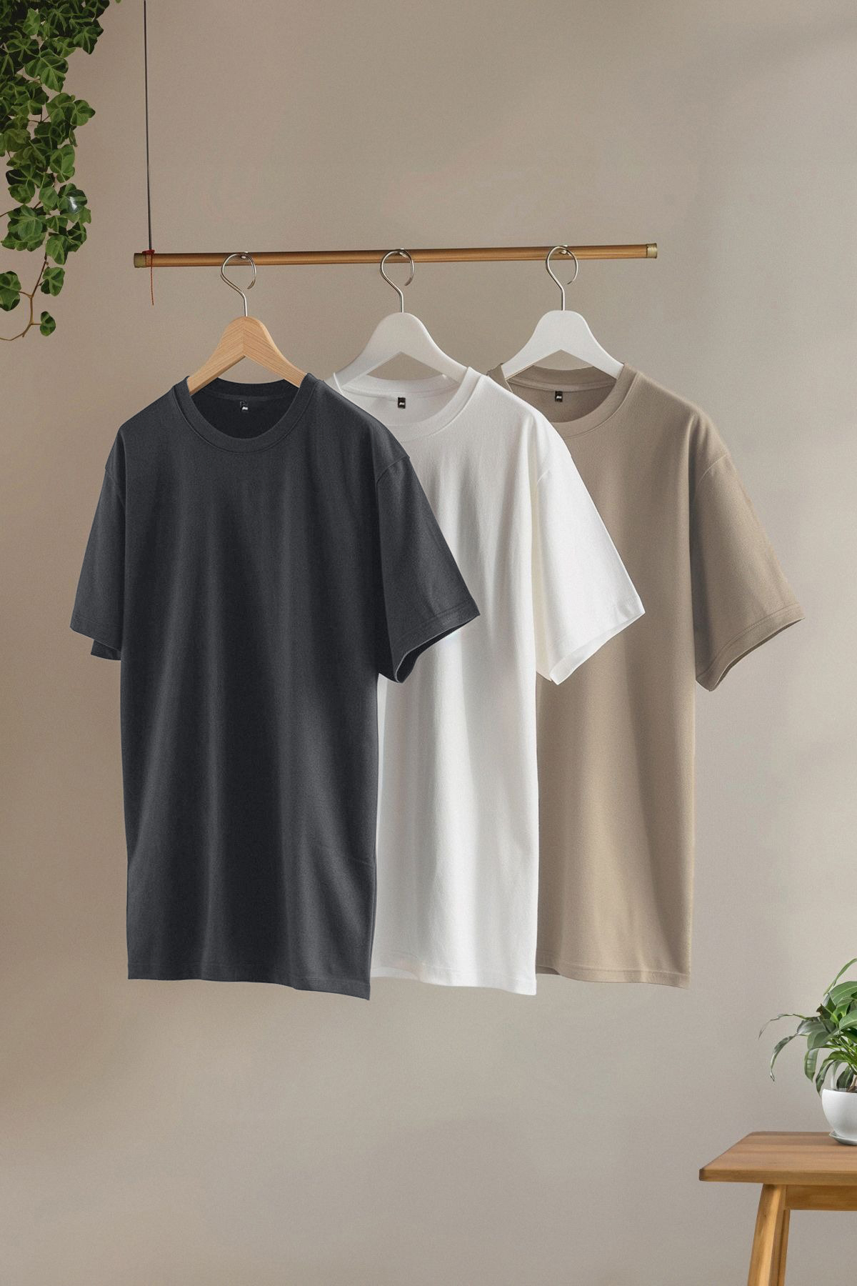 Trendyol Collection Stone-ecru-anthrazit Slim/slim Cut Rundhalsausschnitt Basic 100 % Baumwolle 3er-pack T-shirts für Herren - 3XL