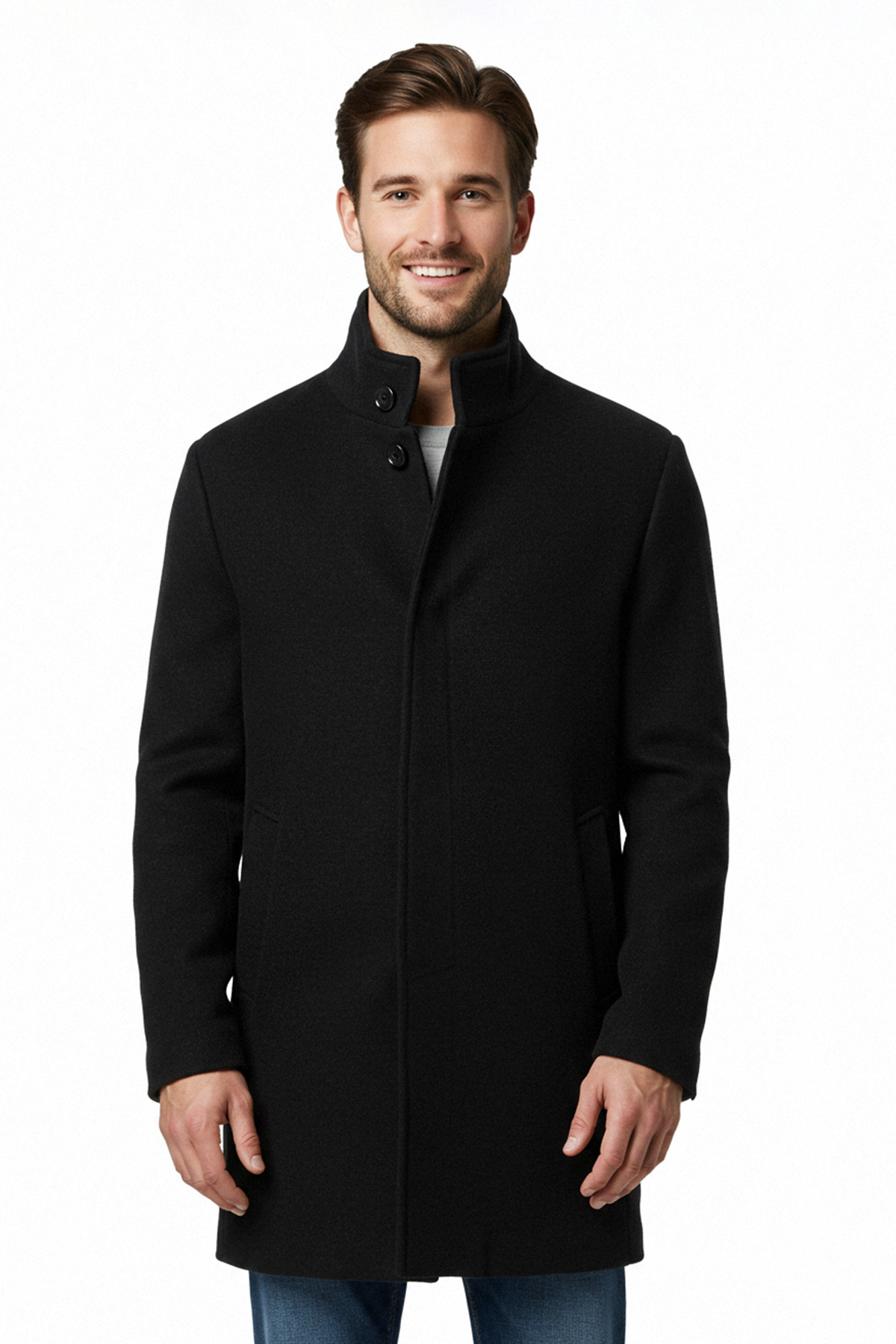 Trendyol Collection Schwarzer Kaschmir-wintermantel Mit Stehkragen Und Verstecktem Knopf – Normale Passform für Herren - 2XL