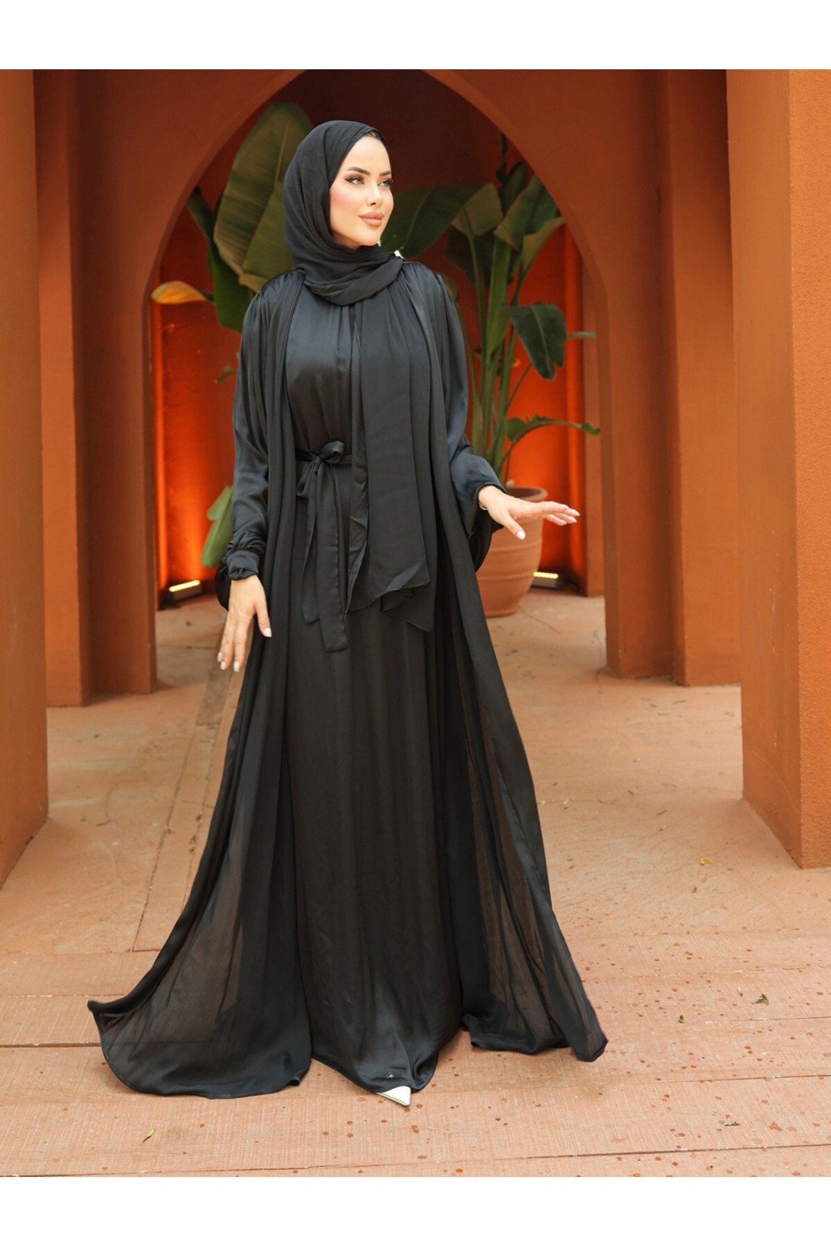Modamorfo 3-teiliges Abaya-set Aus Crinkle-seidensatin – Schwarz für Damen - L