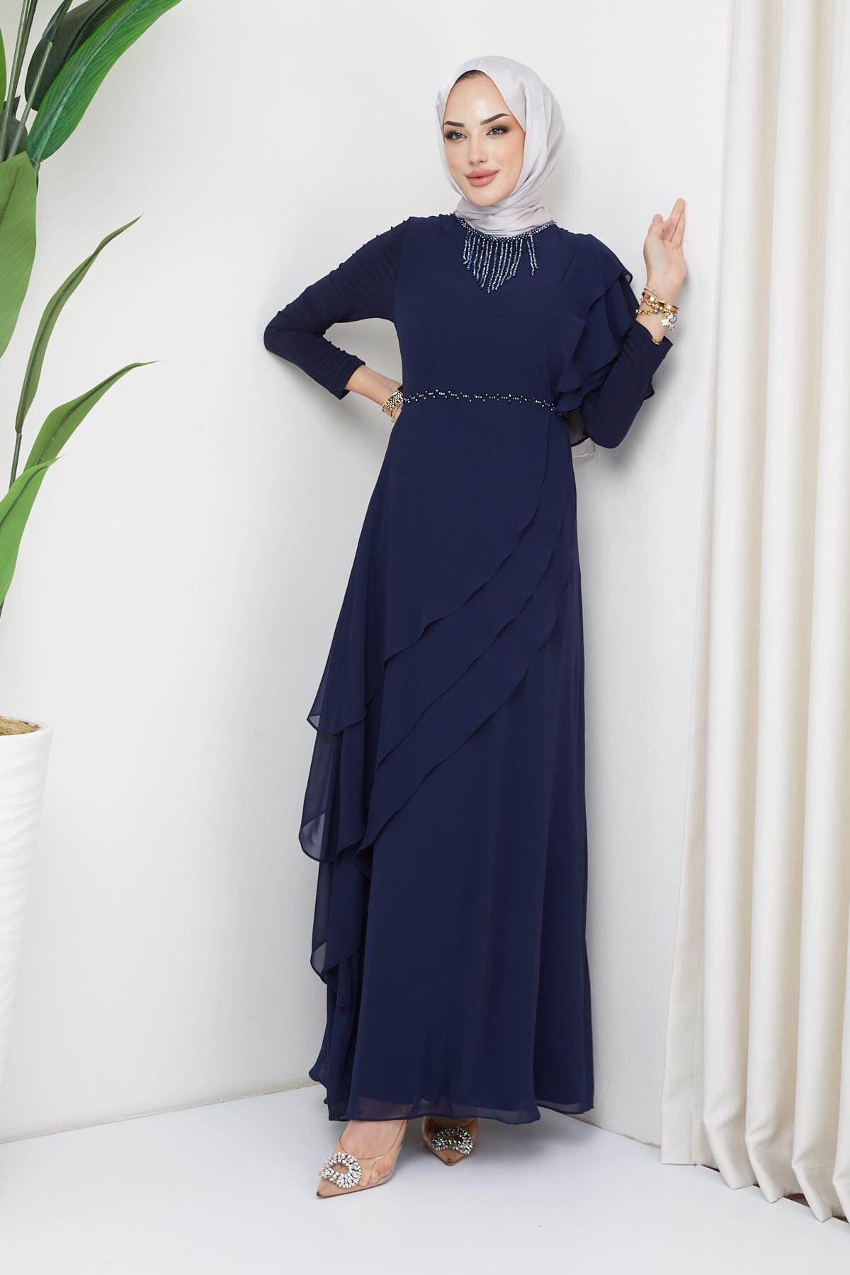 Olcay Abendkleid Aus Chiffon Mit Hijab Und Perlenverzierung, Marineblau, für Damen - 38