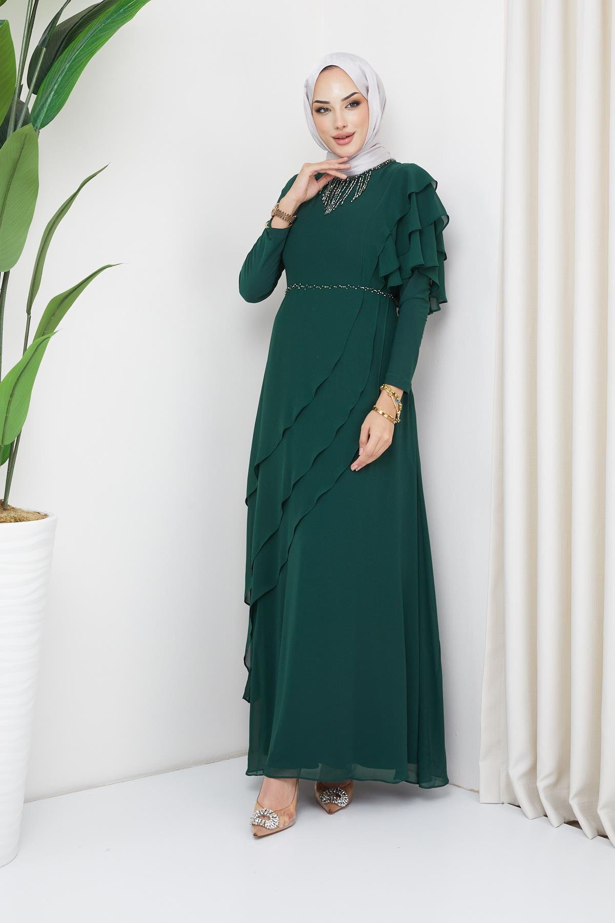 Olcay Perlen- Und Schwungrad-detailliertes Chiffon-hijab-abendkleid Grün für Damen - 38