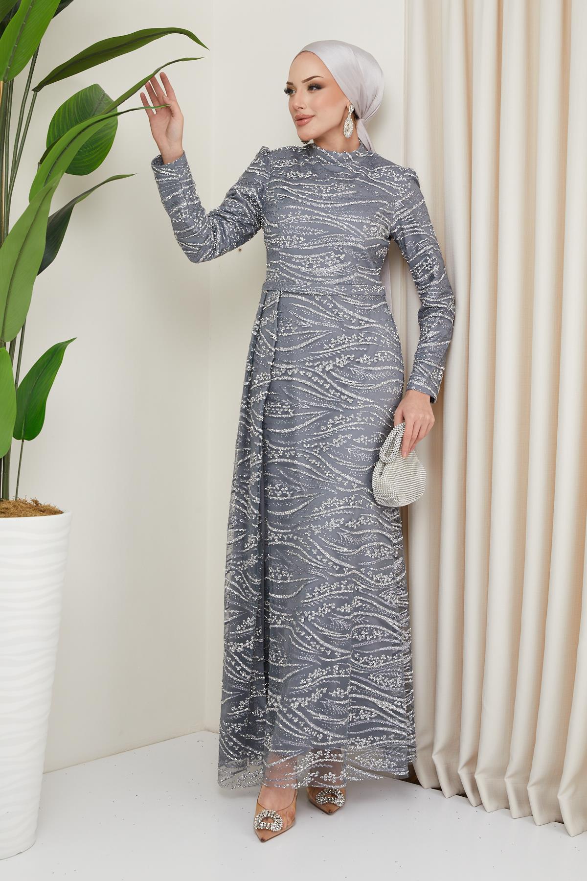 Olcay Hijab-abendkleid Aus Tüll Mit Stein- Und Pailletten-erbsenmuster, Grau für Damen - 38