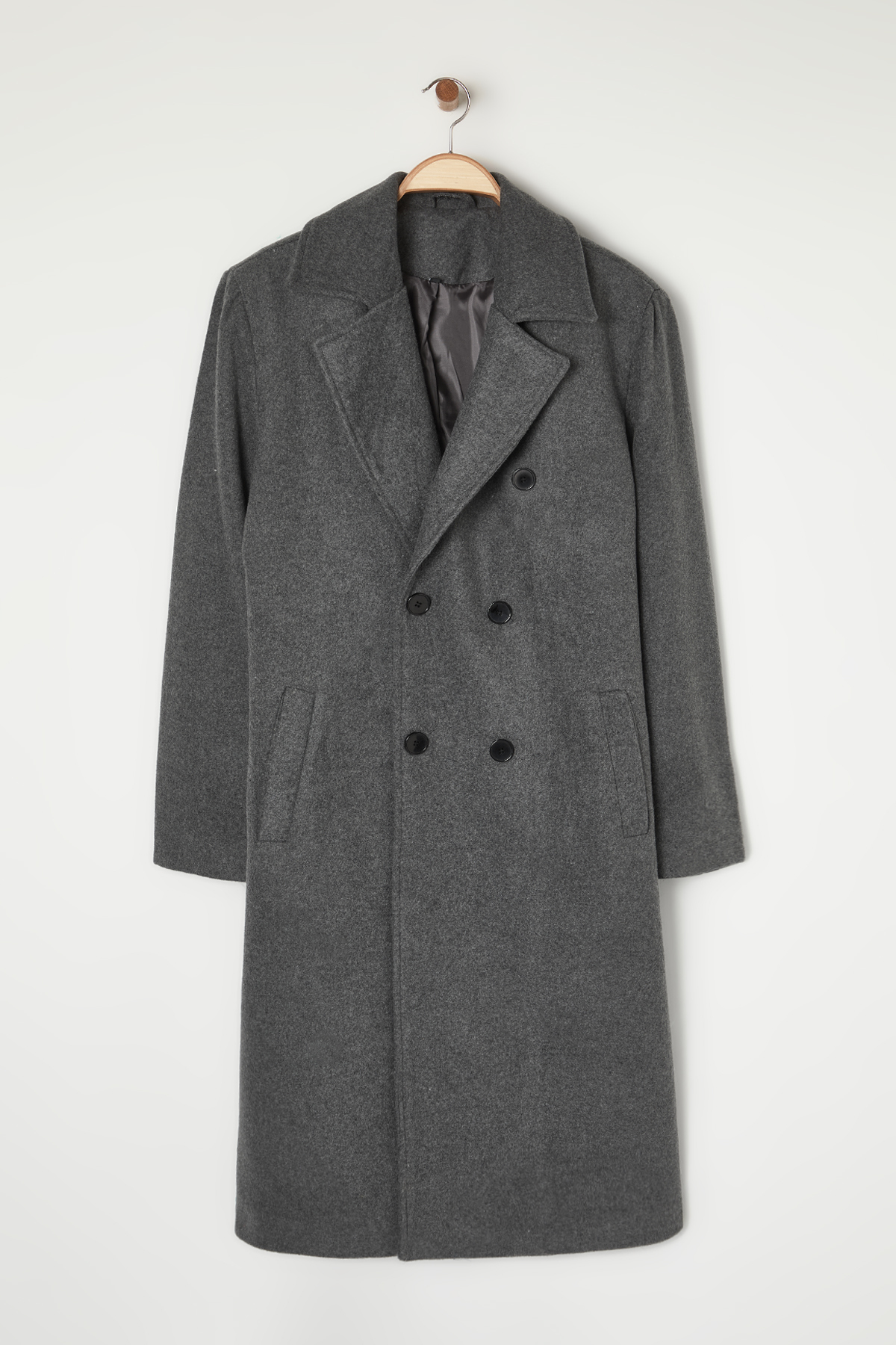 Trendyol Collection Langer Anthrazitfarbener Kaschmir-wintermantel – Zweireihig, Lockere Passform für Herren - L