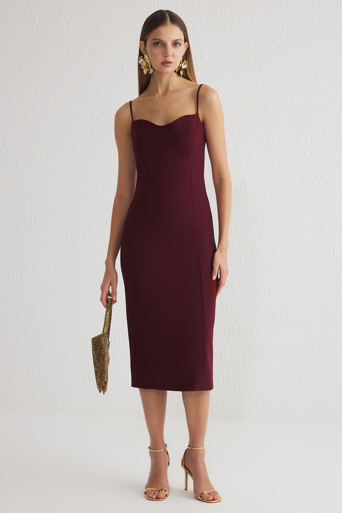 Trendyol Collection Burgunderrotes, Figurbetontes, Gewebtes Midi-abendkleid, Elegantes Abendkleid, Abschlusskleid für Damen - 34