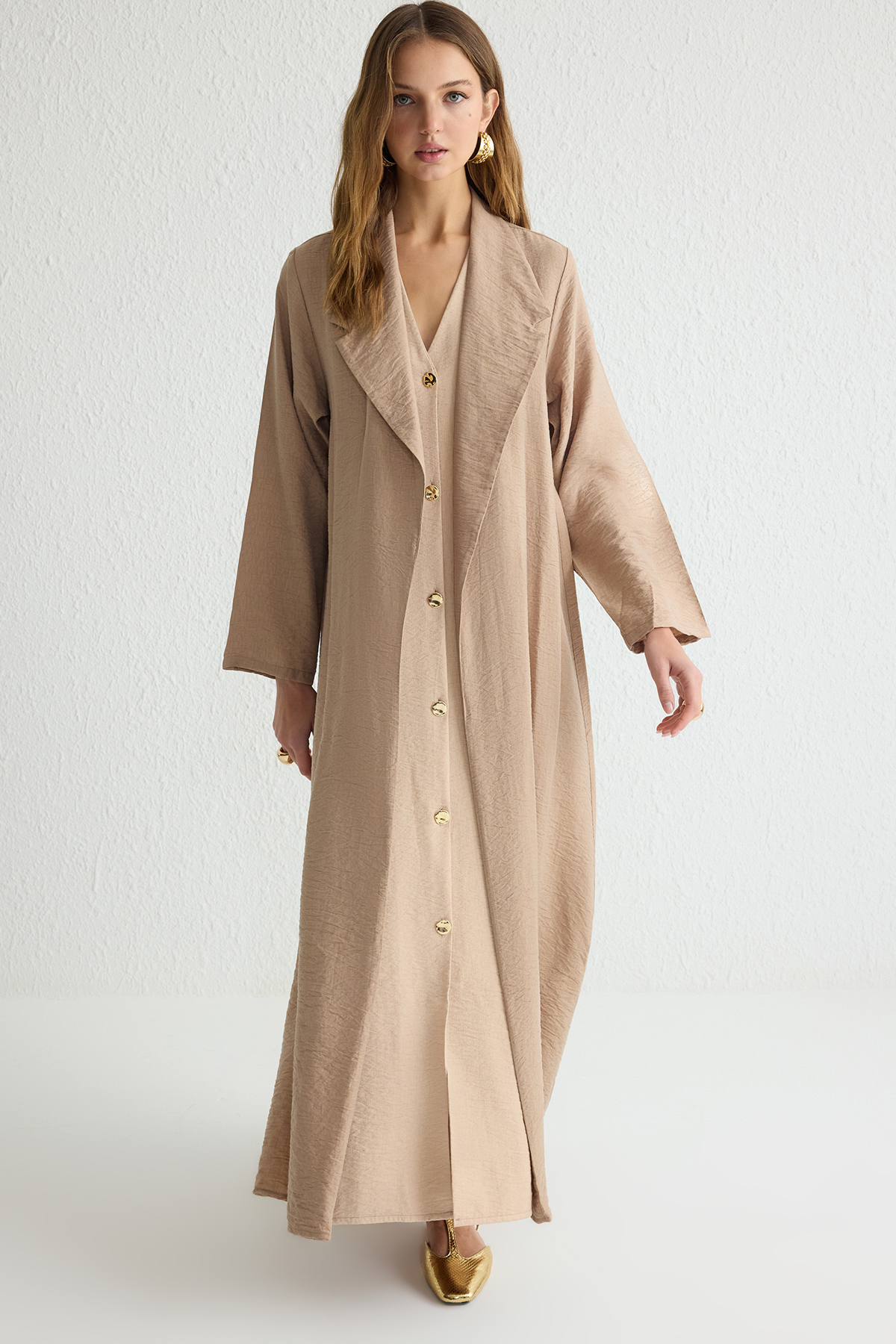 Trendyol Modest Beige Stein Detaillierte Gewebte Kappe Ferace/abaya für Damen - 36-38