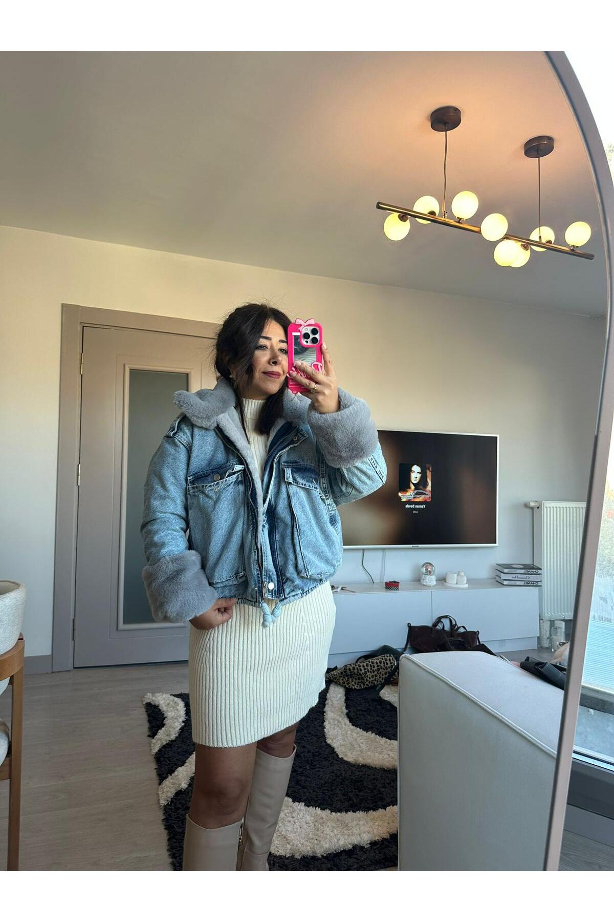 SAGİ JEANS Grauer Pelz-denim-mantel für Damen - Standard