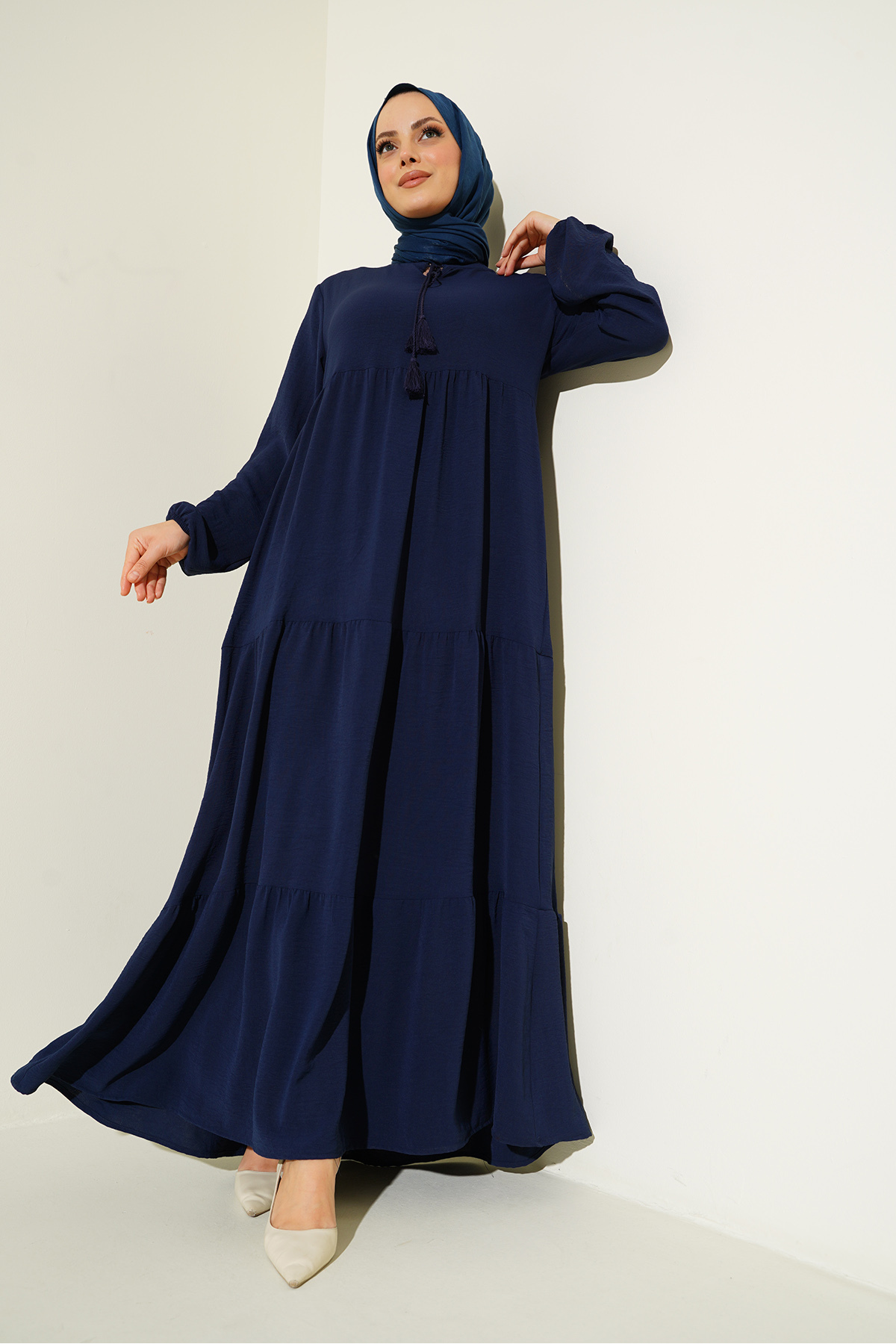 Bigdart 1627 Hijab-kleid Mit Kragen Und Schnürung – C. Navy für Damen - 38