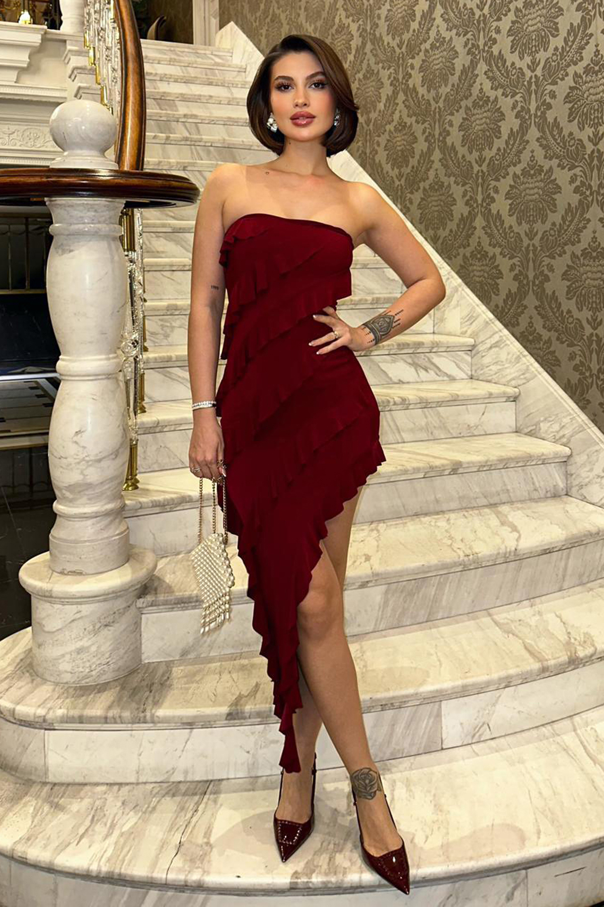 Trendyol Collection Trägerloses Abendkleid Mit Rüschenbesatz – Abendkleid Für Den Abschluss für Damen - 34