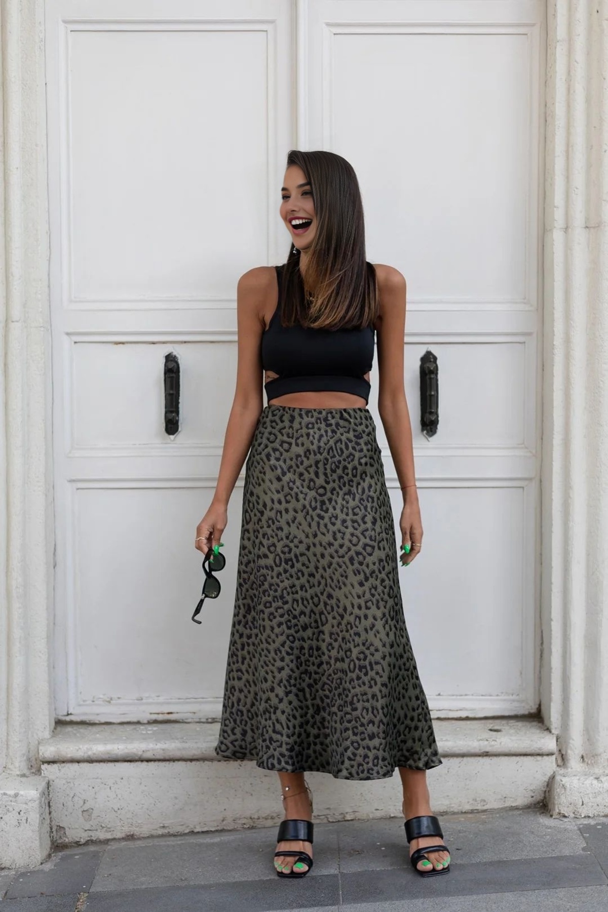 medipek Hohe Taille Leopard Muster Lycra Satin Rock Langer Rock Taille Elastisch Und Reißverschluss 100 Cm für Damen - 38