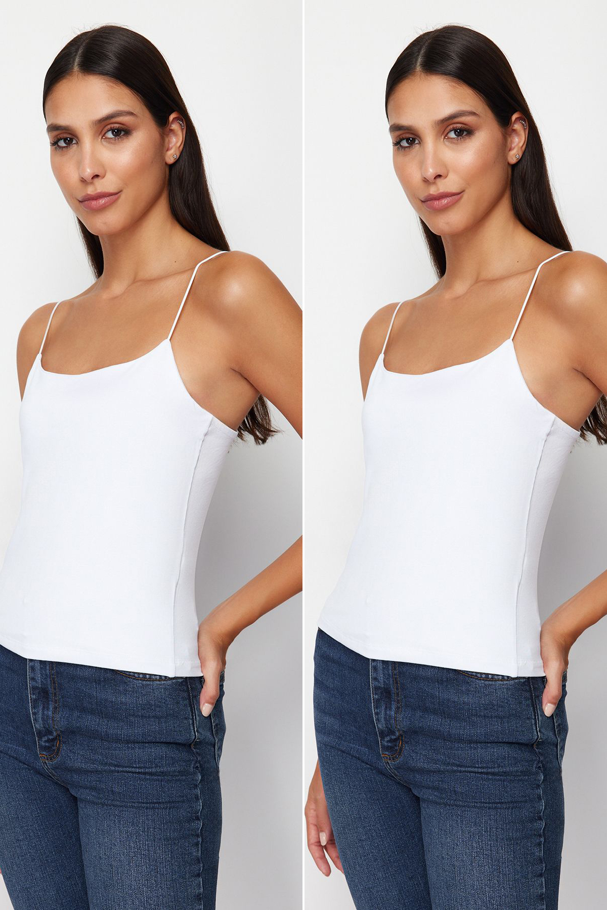 Trendyol Collection Weiße, Weiße, Schmal Geschnittene, Dehnbare, Zweiteilige Strickunterhemden In Normaler Größe für Damen - S