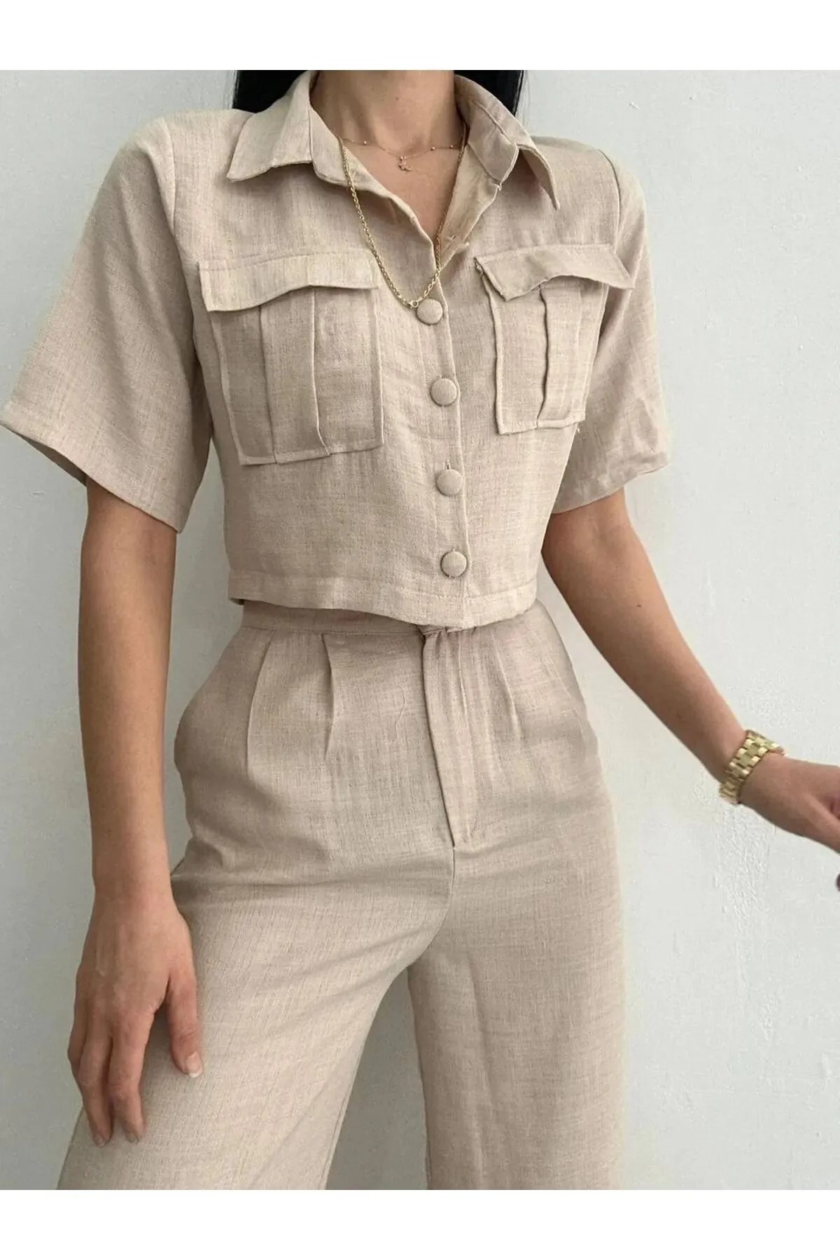 butik derin Leinenanzug – Hemd, Jacke, Hose, Hijab Mit Design für Damen - M