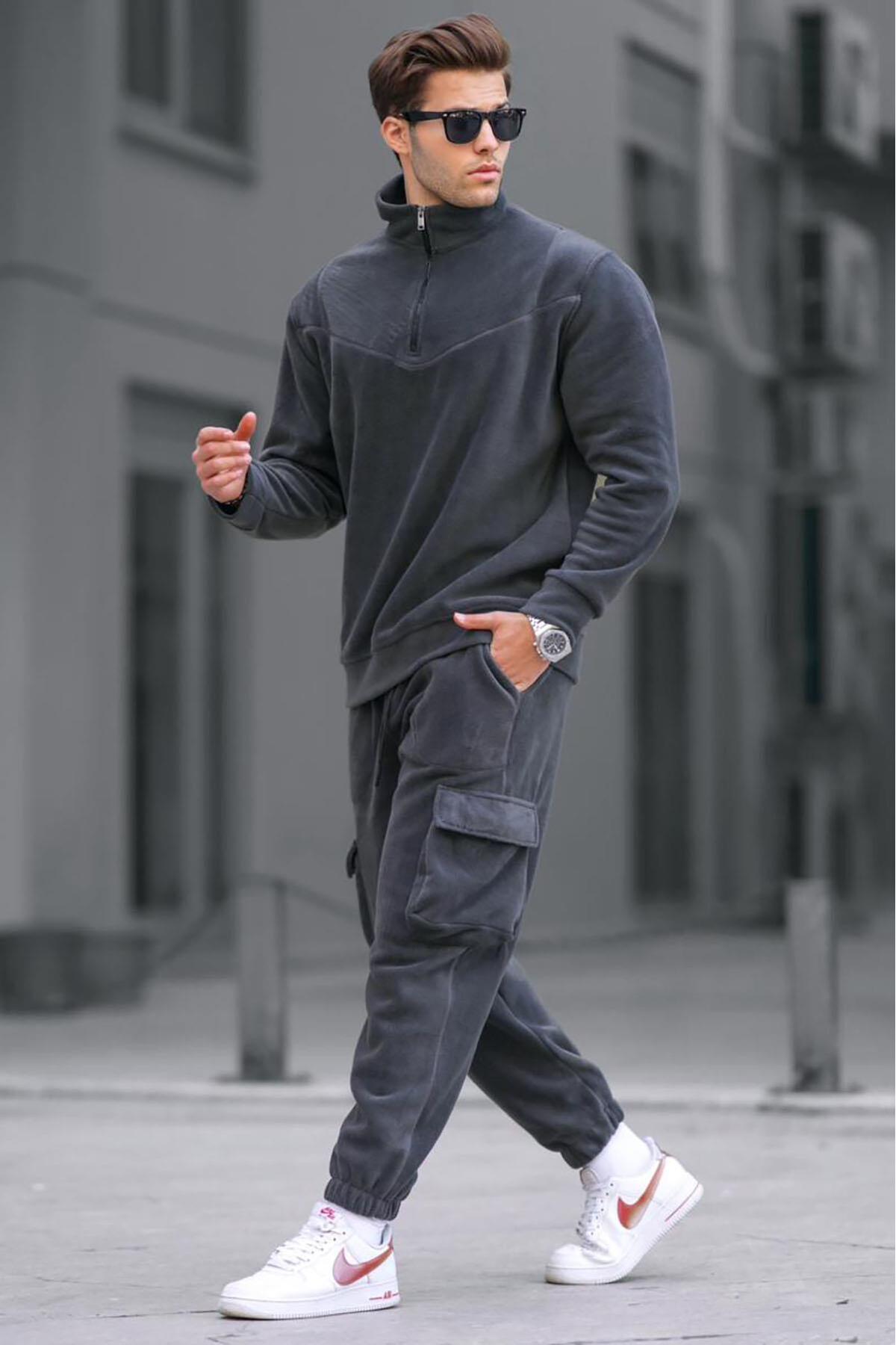 Madmext Geräuchertes Fleece-trainingsanzug-set Mit Reißverschlusskragen für Herren - M