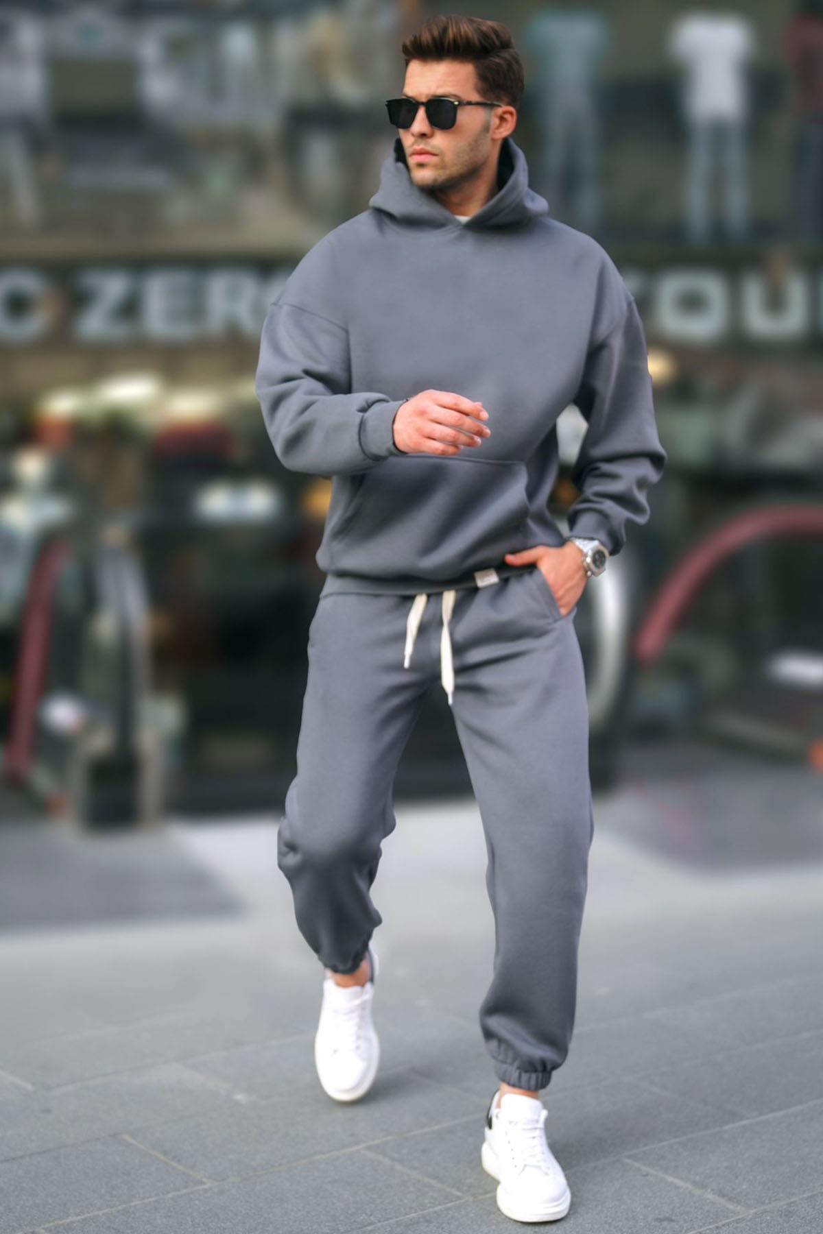 Madmext Rauchgraues Basic-trainingsanzug-set Mit Kapuze für Herren - S