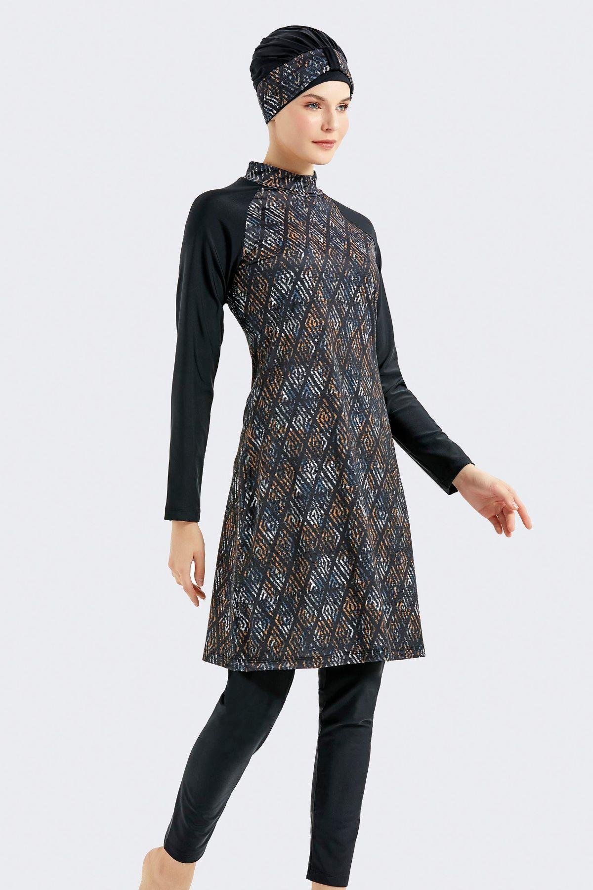 C&City Vollständig Bedeckter 4-teiliger Hijab-badeanzug C14026 Mehrfarbig/schwarz für Damen - M