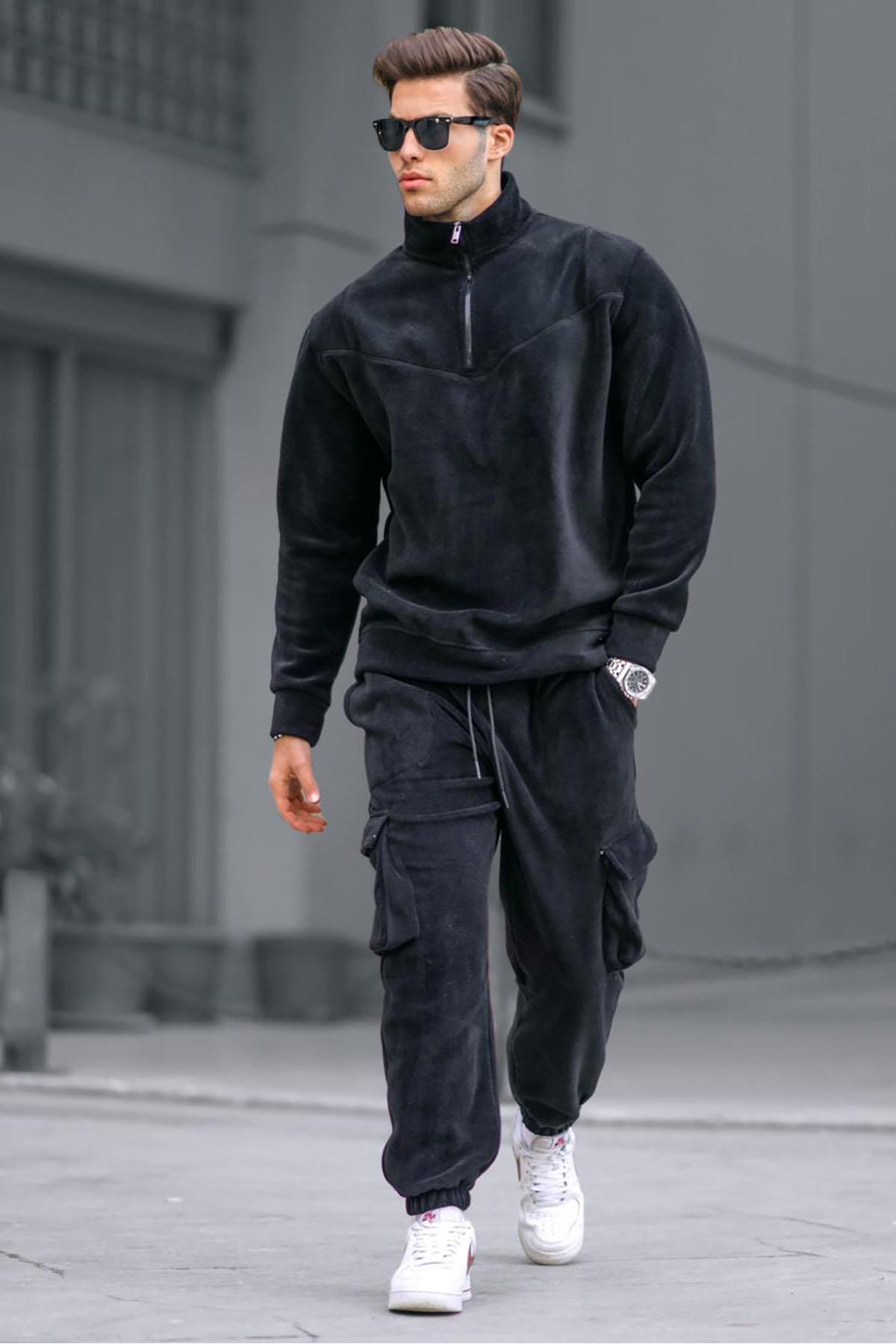 Madmext Schwarzes Trainingsanzug-set Aus Fleece Mit Reißverschlusskragen für Herren - L