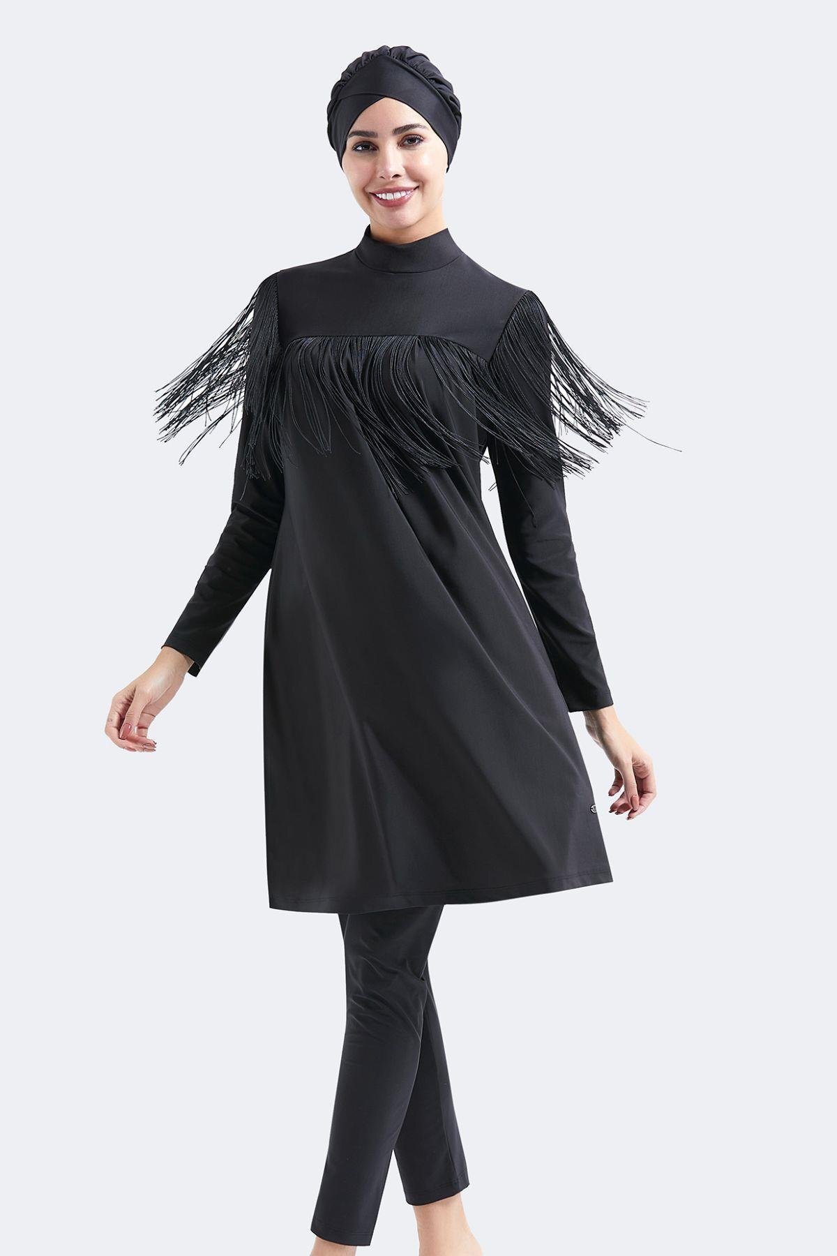 C&City Vollständig Bedeckter 4-teiliger Hijab-badeanzug Mit Quastendetail C14060 Schwarz für Damen - S