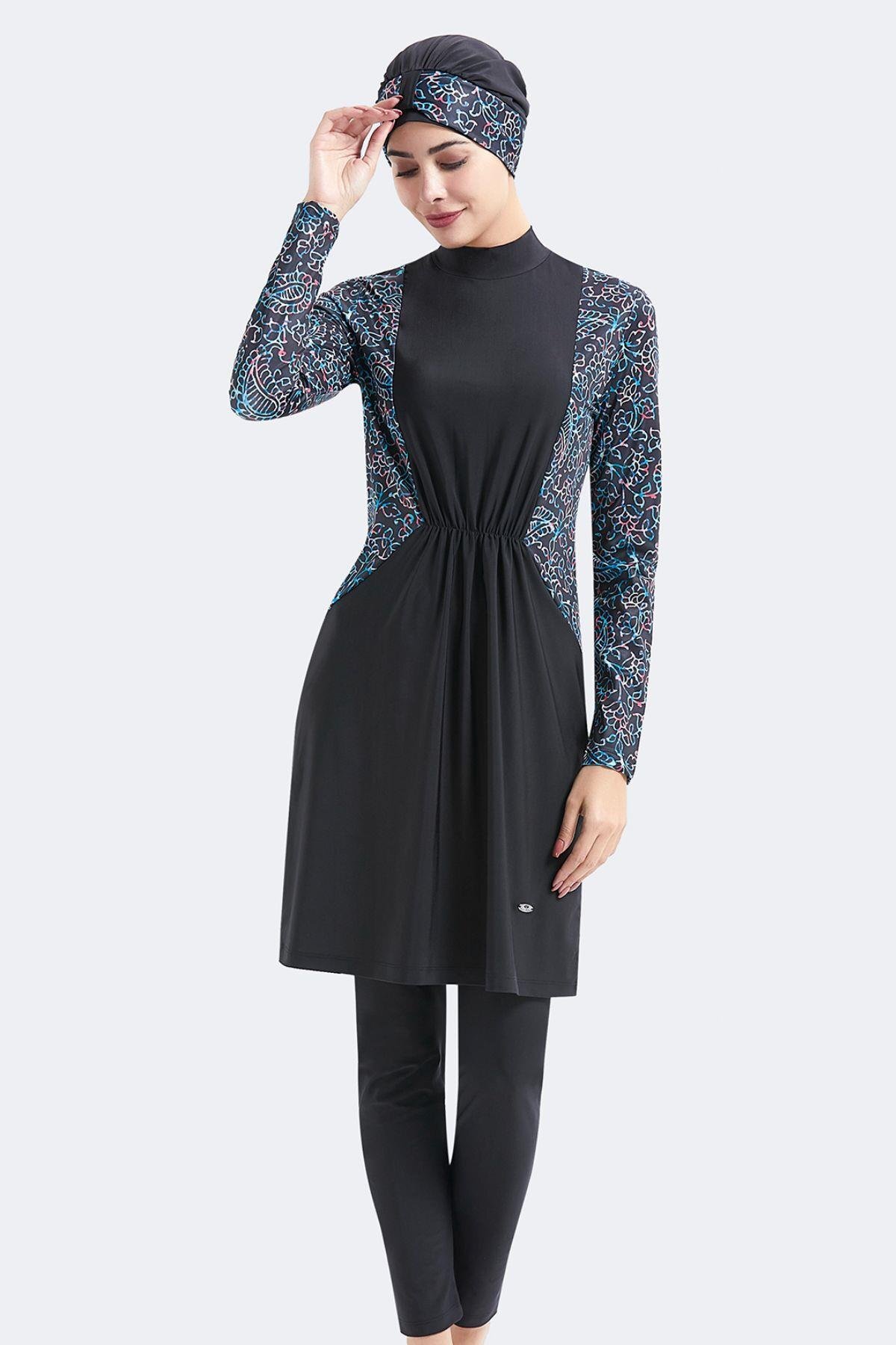 C&City Vollständig Bedeckter 4-teiliger Geraffter Hijab-badeanzug C14032 Schwarz für Damen - M