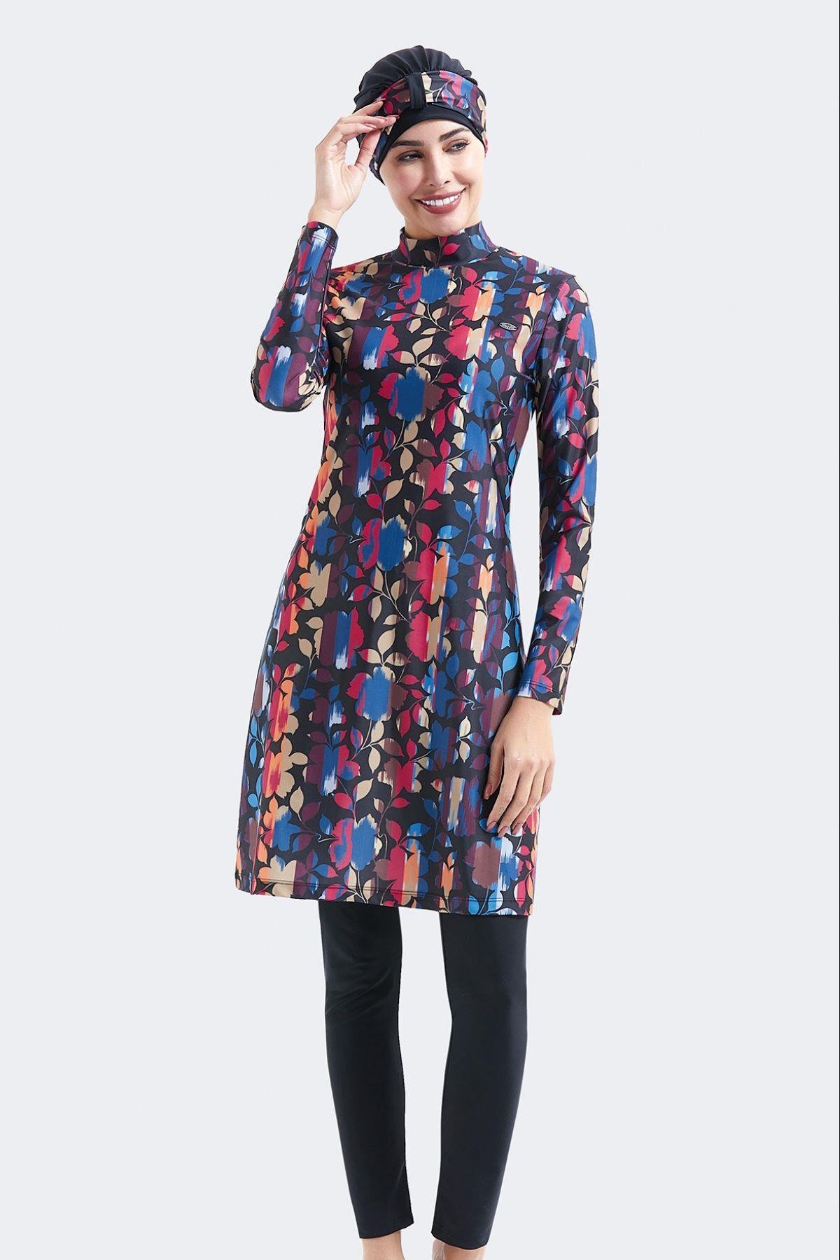 C&City Vollständig Bedeckter 4-teiliger Hijab-badeanzug C14002 Mehrfarbig/schwarz für Damen - 2XL