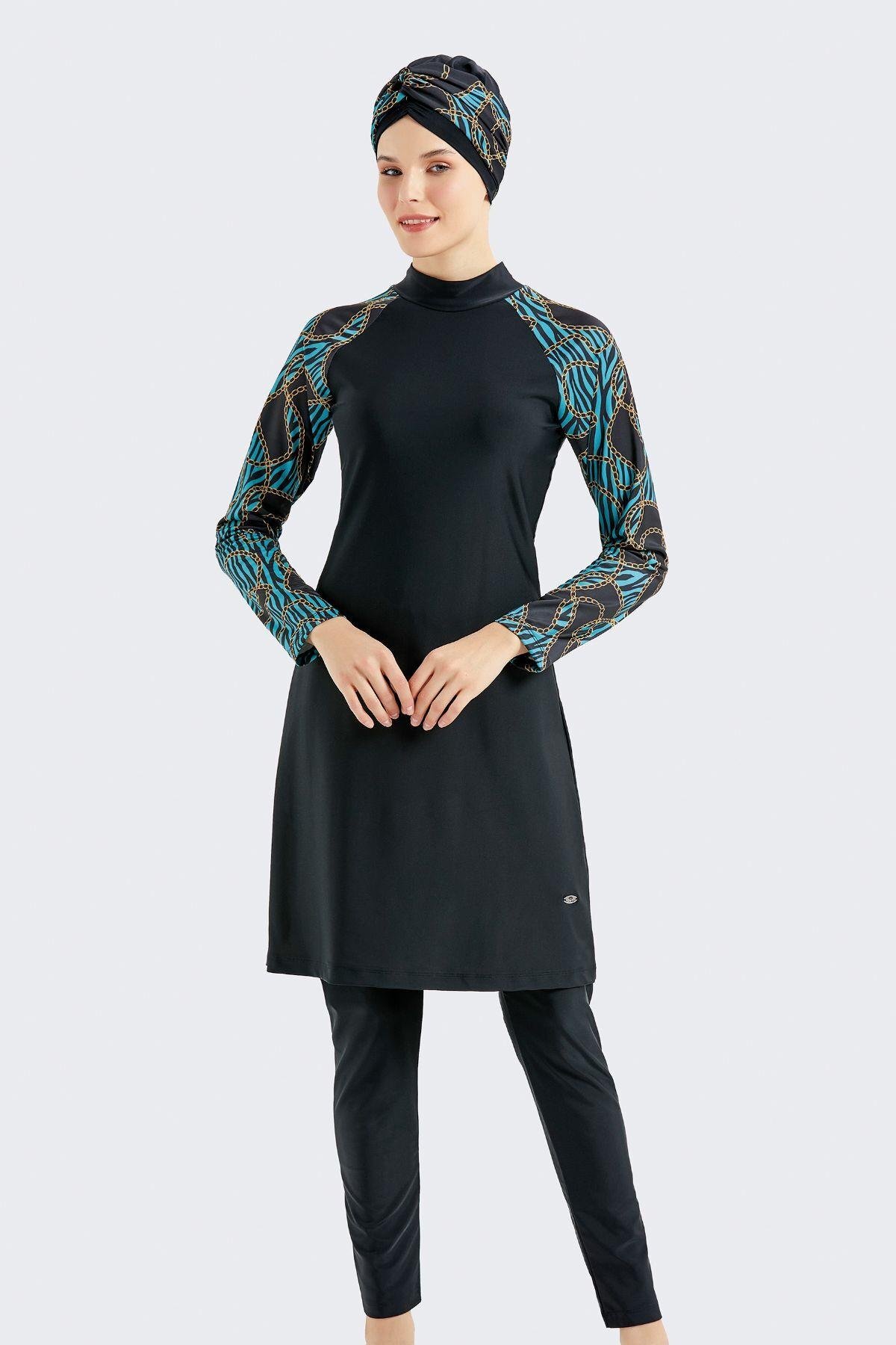 C&City Vollständig Bedeckter 4-teiliger Hijab-badeanzug C14020 Schwarz/türkis für Damen - M