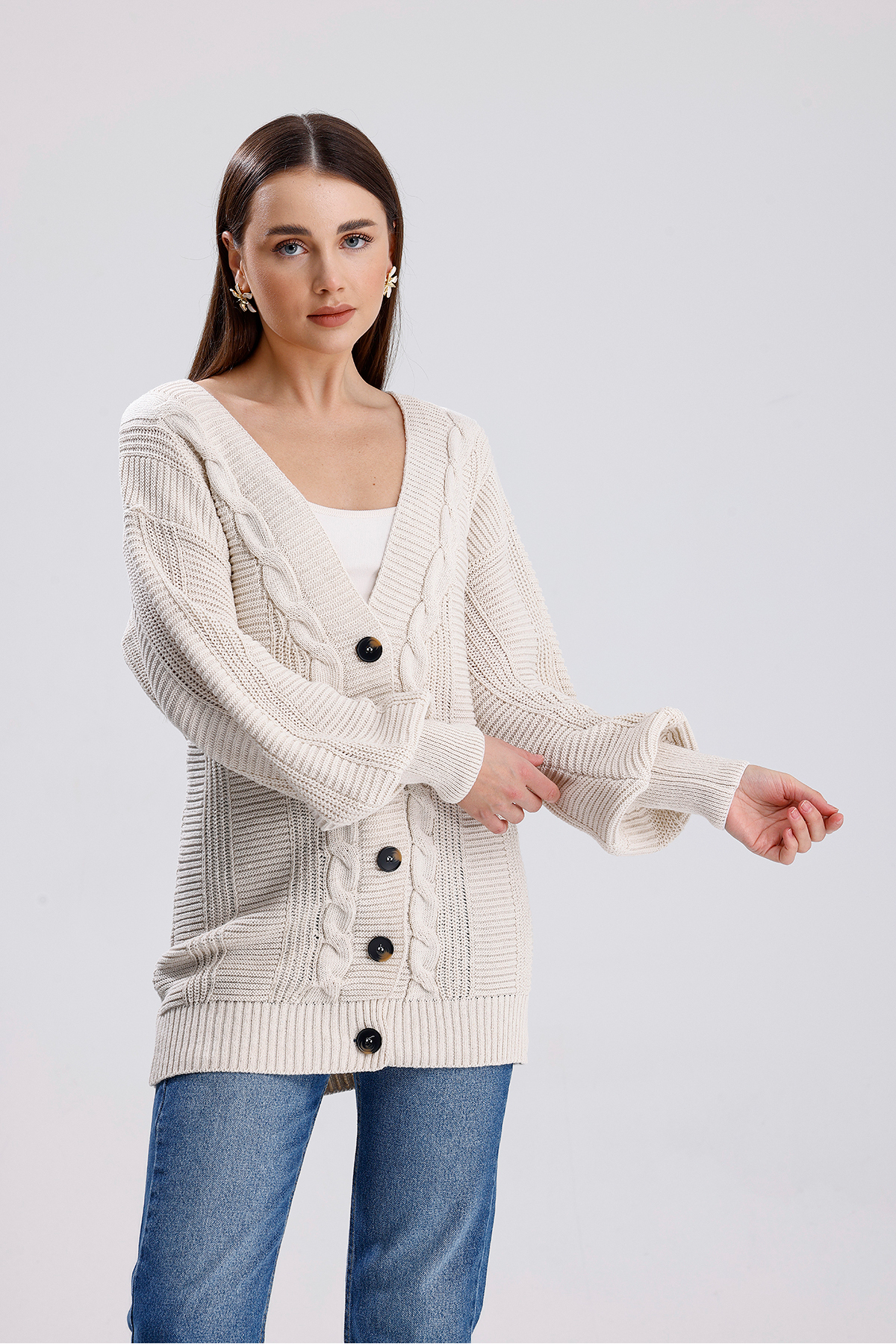Sun Art Knitting Cremefarbene Haarstrick-strickjacke Mit Ballonärmeln, Lange Strickjacke (80 Cm) für Damen - L