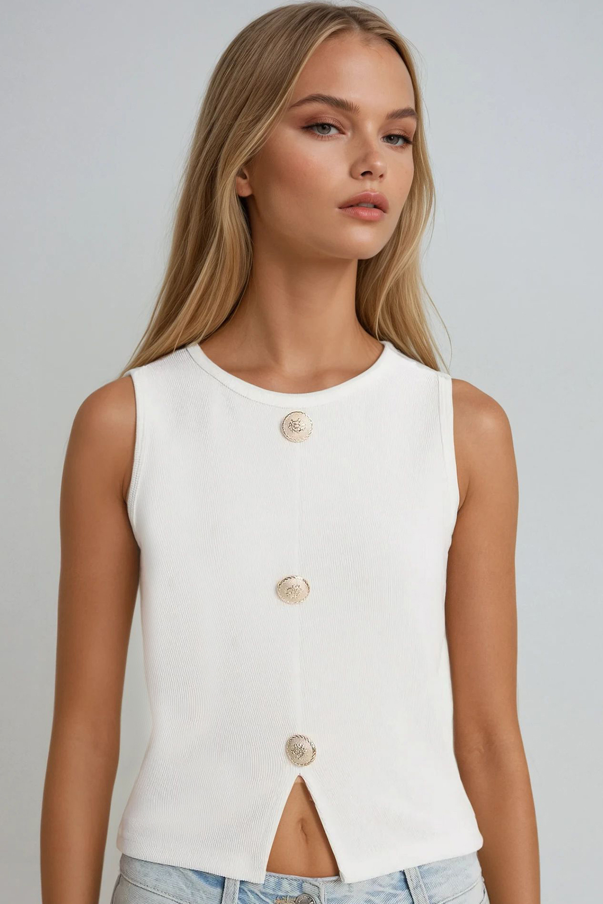 Trend Alaçatı Stili Weiße Bluse Mit Rundhalsausschnitt Und Goldenem Knopf, Ottoban-bluse Alc-x14054 für Damen - 36