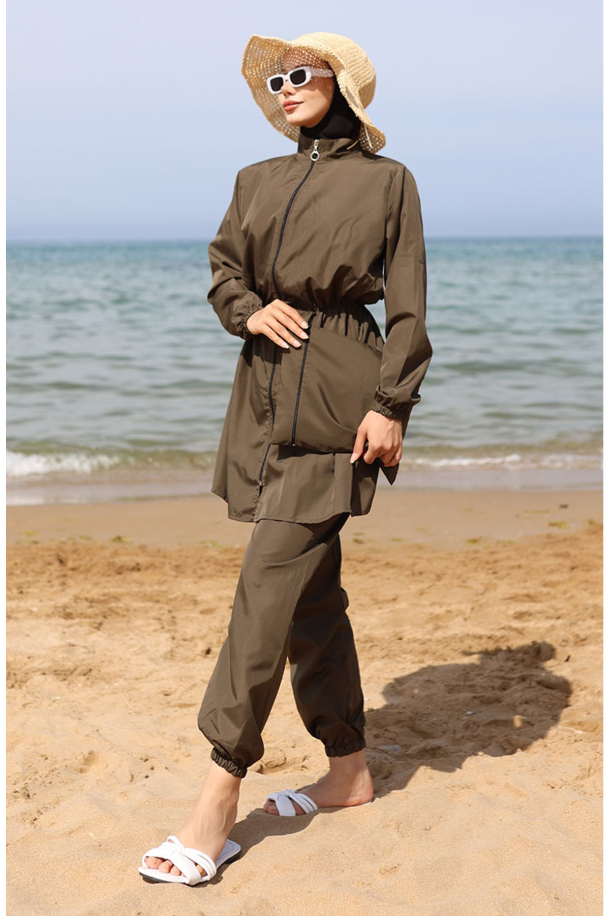 sefamerve Hijab Hijab-badeanzug Mit Elastischer Taille Und Tasche 5035-04 Khakigrün für Damen - 38-40