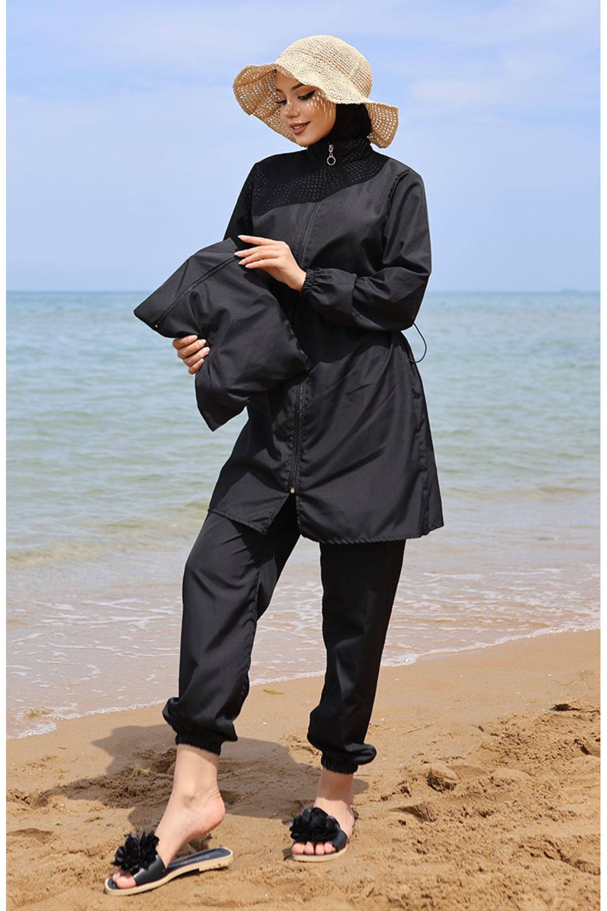 sefamerve Hijab Hijab-badeanzug Mit Elastischer Taille Und Tasche 5035-02 Schwarz für Damen - 50-52