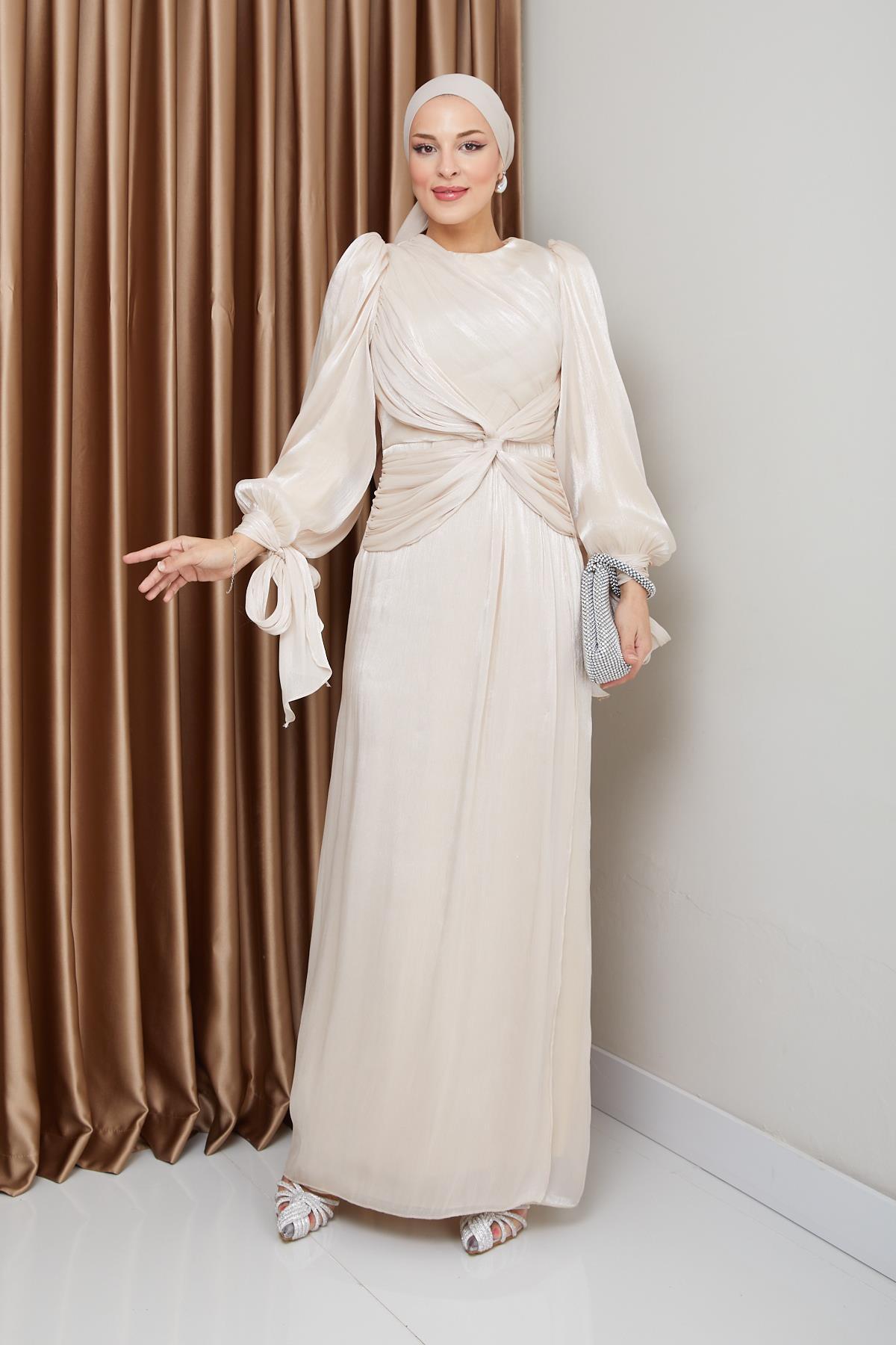 Olcay Yoryo-abendkleid Aus Seide Mit Volant- Und Schleifendetail, Ärmel Und Mundbindung, Hijab-abendkleid, Creme für Damen - 46