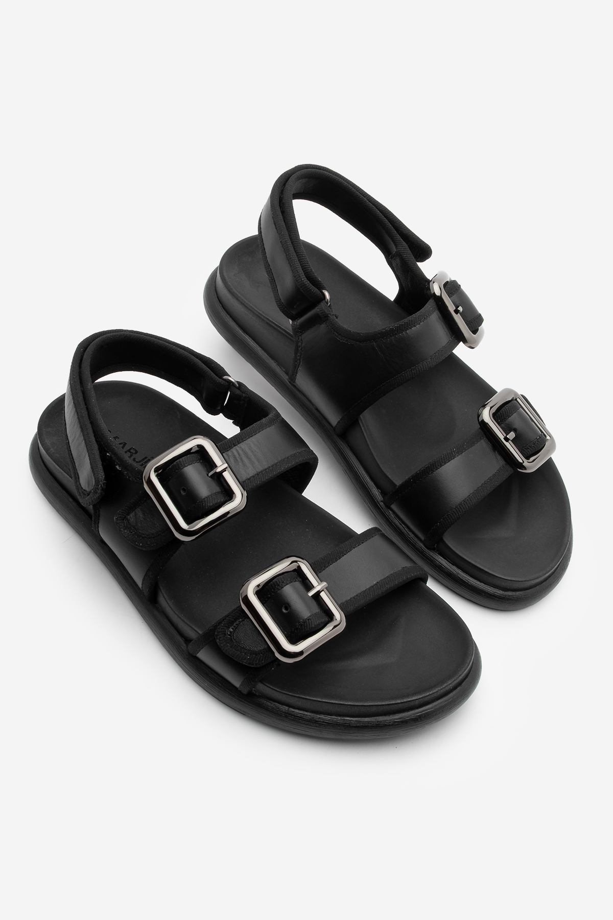 Marjin Sandalen Aus Echtem Leder Mit Klettverschluss Hinten Und Goldener Schnalle, Doppelte Riemen, Lässige Sandalen, Resun-schwarz für Damen - 39