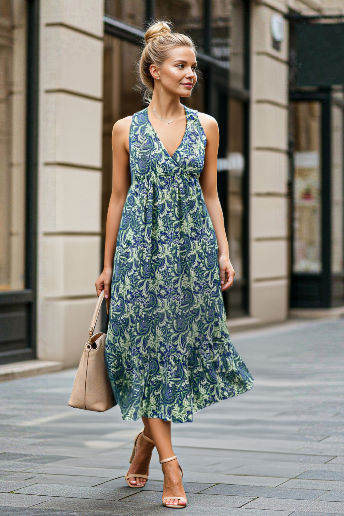 Trendyol Collection Blaues, Dehnbares Maxikleid Mit Ethno-print, V-ausschnitt, Rüschen, Gerafftem, Geripptem Maxikleid für Damen - S