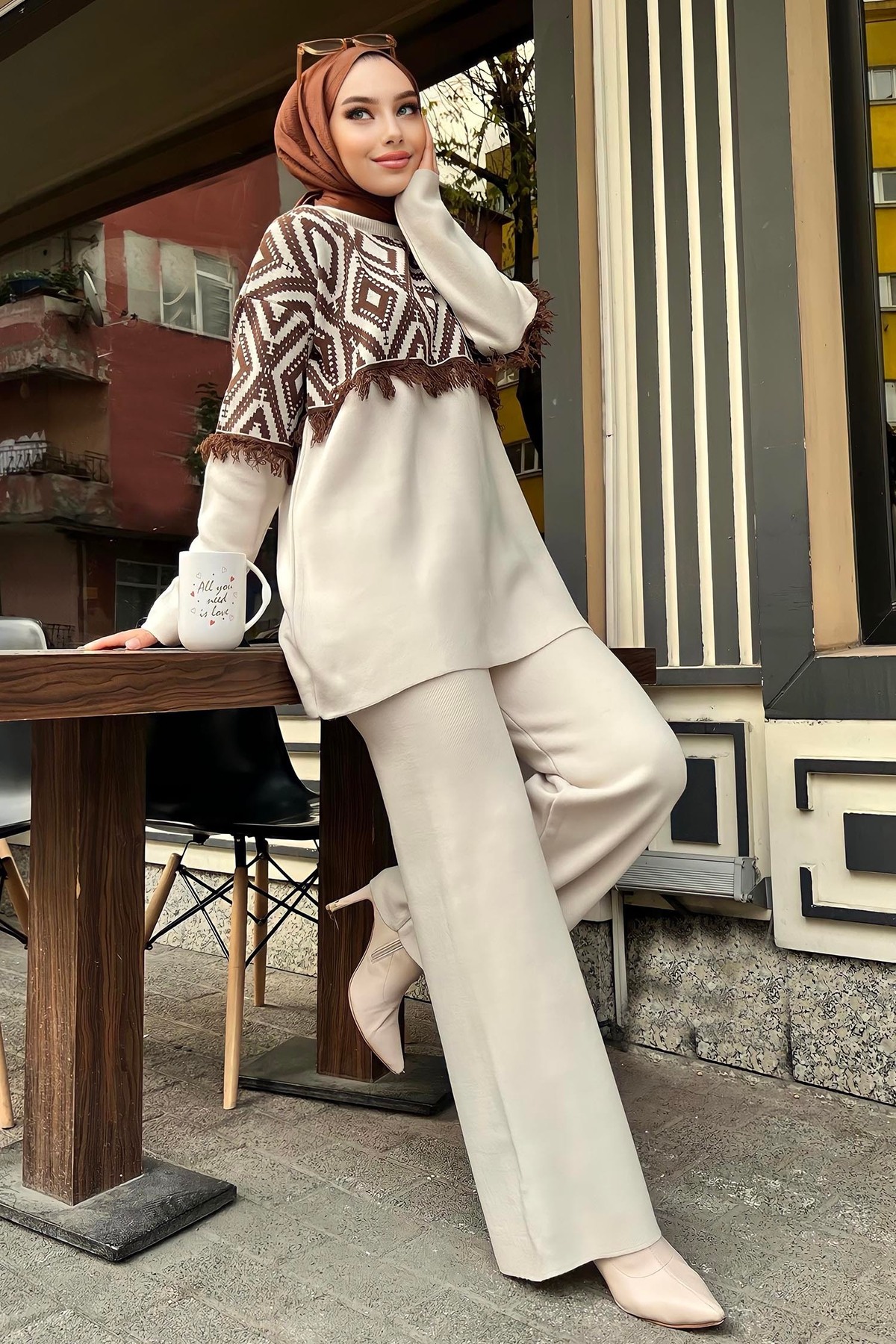 TOFİSA Beigefarbenes Set Aus Gemusterter Strickwaren-tunika Mit Hijab-rundhalsausschnitt Und Hose Mit Weitem Bein – für Damen - One Size