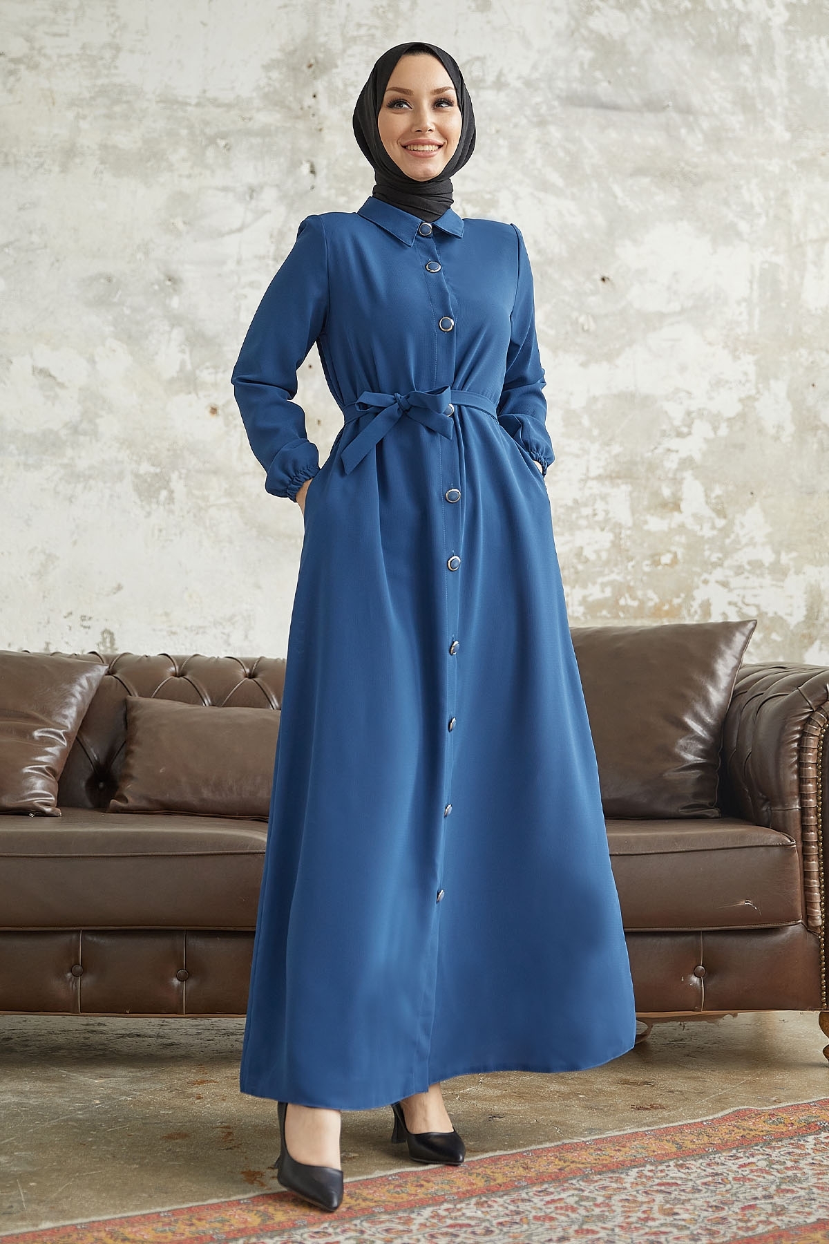 InStyle Linny Abaya Mit Geknöpftem Hemdkragen – Indigo für Damen - 38