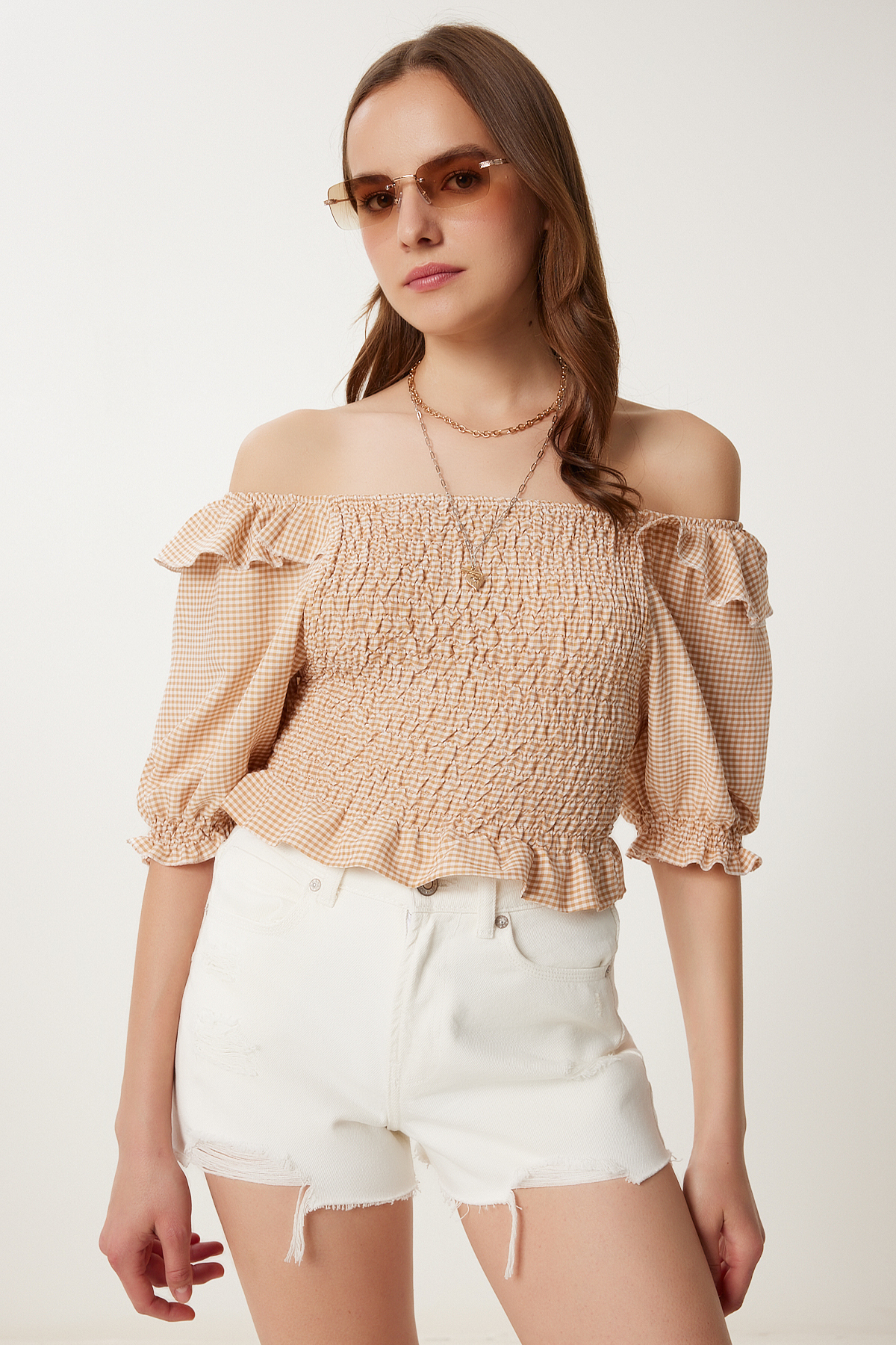 Happiness İstanbul Bluse „biscuit Check“ Mit Dehnbarer, Gewebter Bluse für Damen - 38