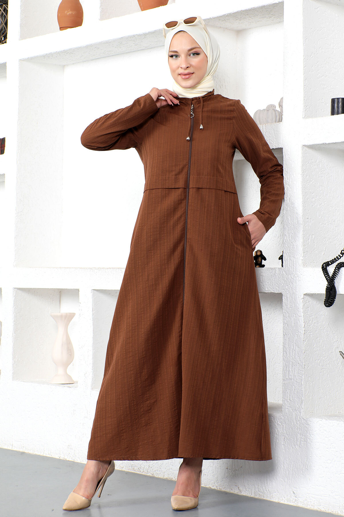 Tesettür Dünyası Abaya Mit Reißverschluss Tsd230204 Braun für Damen - 48