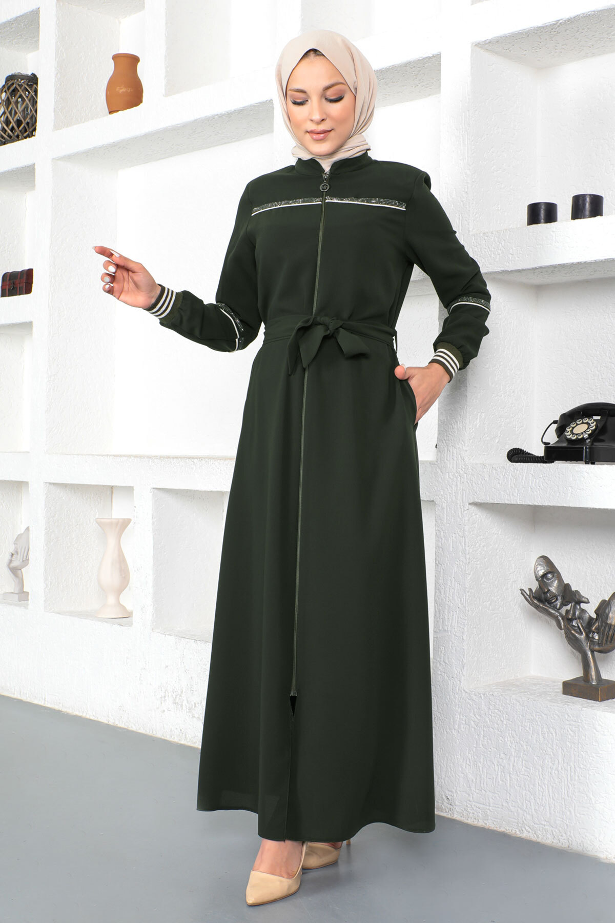 Tesettür Dünyası Gerippter Hijab Abaya Tsd230328 Khaki für Damen - 50