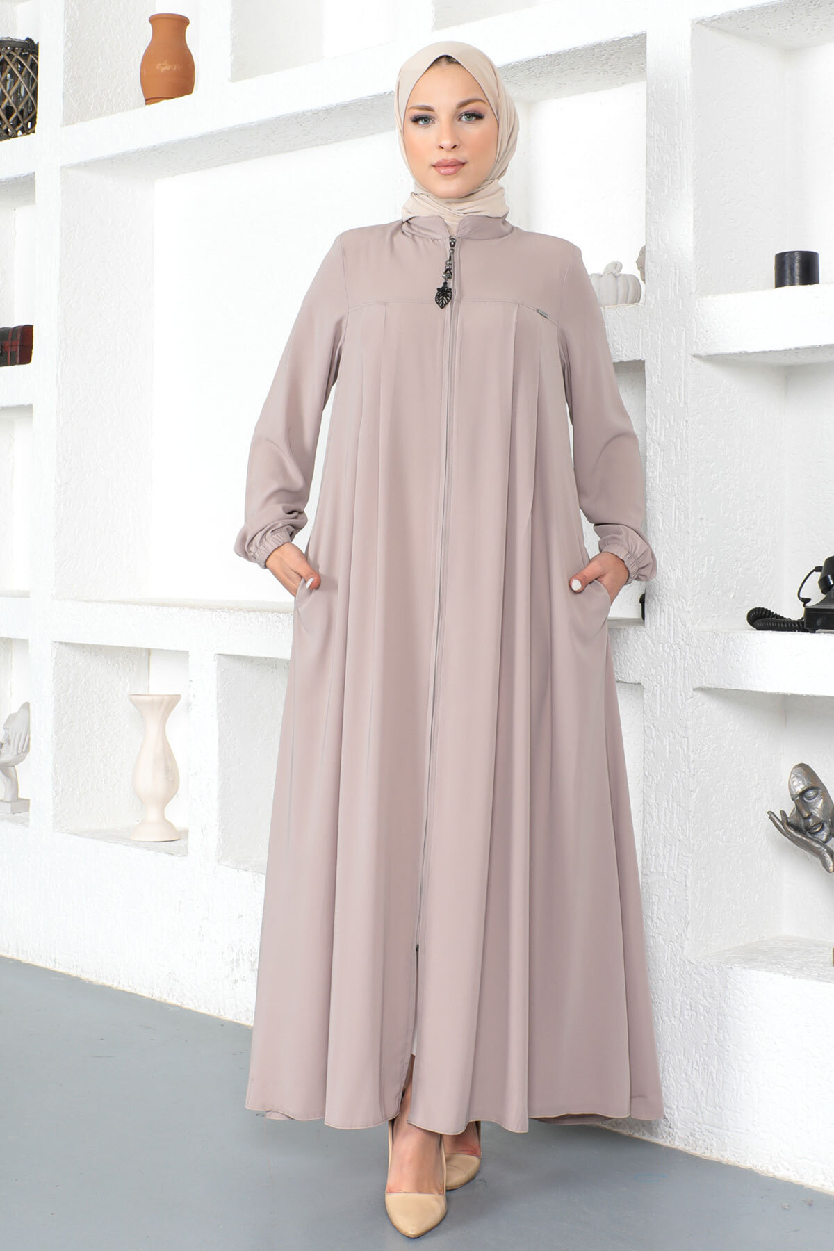 Tesettür Dünyası Hijab Abaya Mit Elastischen Ärmeln Tsd230334 Nerz für Damen - 52