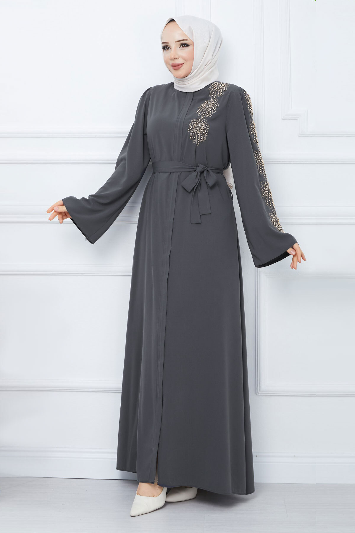 Tesettür Dünyası Griff Perlen Bestickt Gürtel Hijab Ferace Anthrazit für Damen - 48