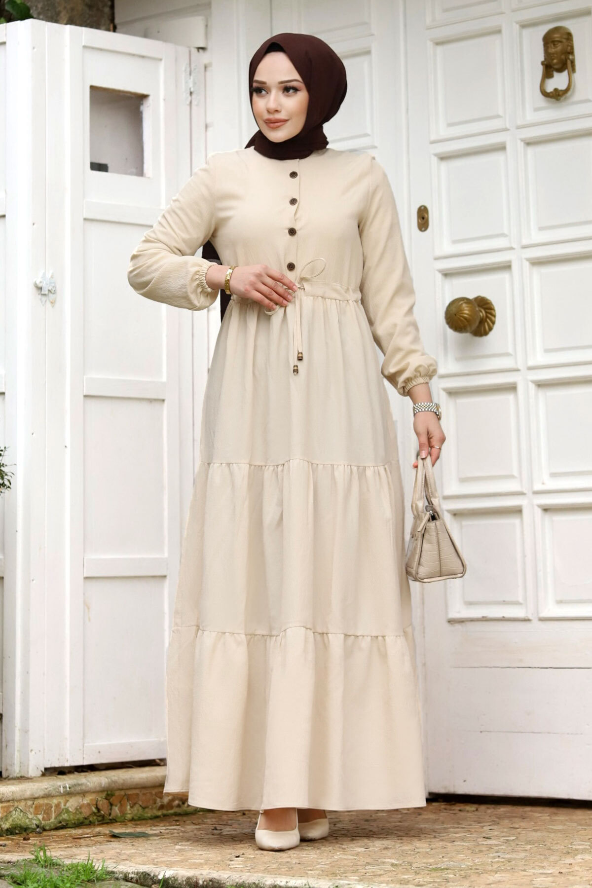 Tesettür Dünyası Vorne Halb Knopf Hijab Kleid Beige für Damen - 40