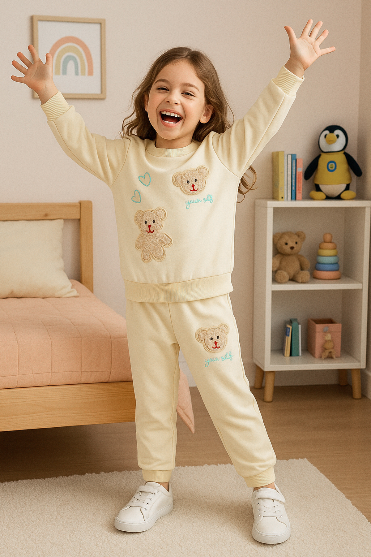 TRENDYOLKIDS Cremefarbener Pyjama-anzug Mit Teddybär-muster Für Mädchen, Gestrickter Oberteil-unterteil-anzug für Damen - 4–5 Jahre