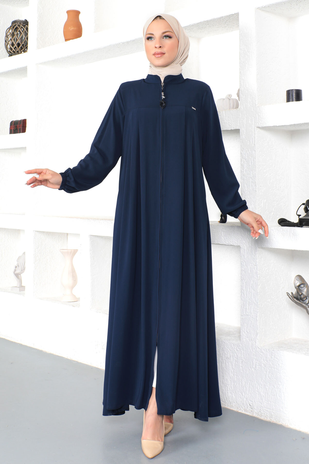 Tesettür Dünyası Hijab Abaya Mit Elastischen Ärmeln Tsd230334 Marineblau für Damen - 52