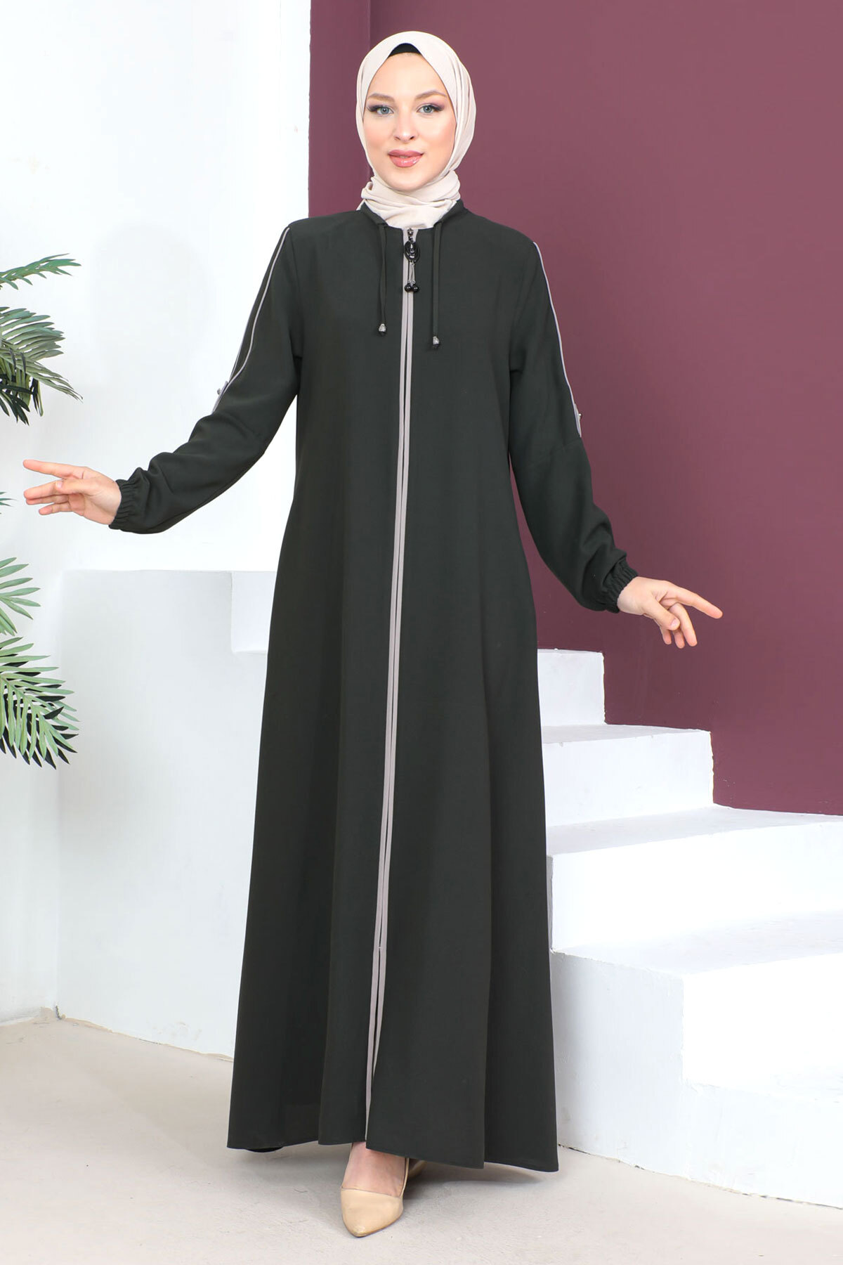 Tesettür Dünyası Geknöpfte Ärmel Hijab Abaya Tsd230440 Khaki für Damen - 50