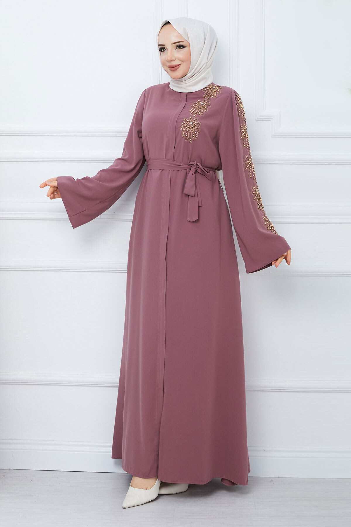 Tesettür Dünyası Griff Perlen Bestickt Gürtel Hijab Ferace Getrocknete Rose für Damen - 40