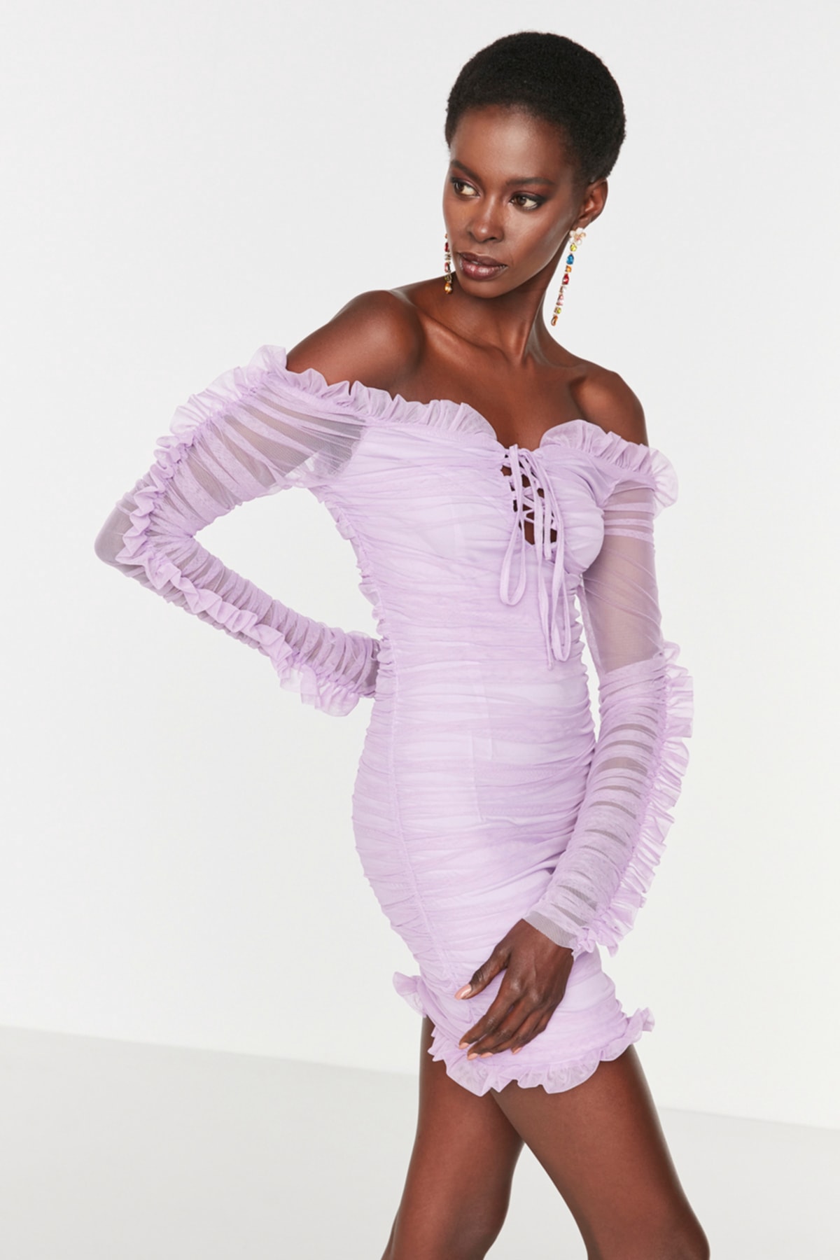 Trendyol Collection Lilafarbenes Kurzes Abendkleid Aus Gestricktem Tüll Drapiertes Abendkleid für Damen - 38