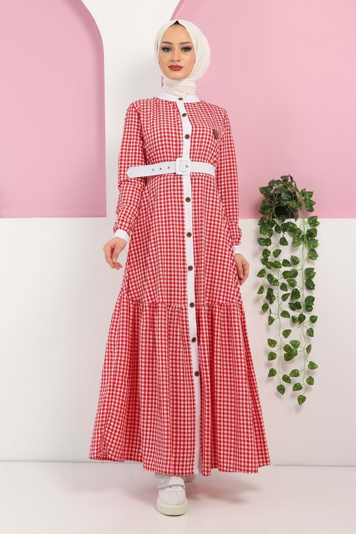 Modamihram Kariertes, Besticktes Abaya In Weinrot für Damen - 38