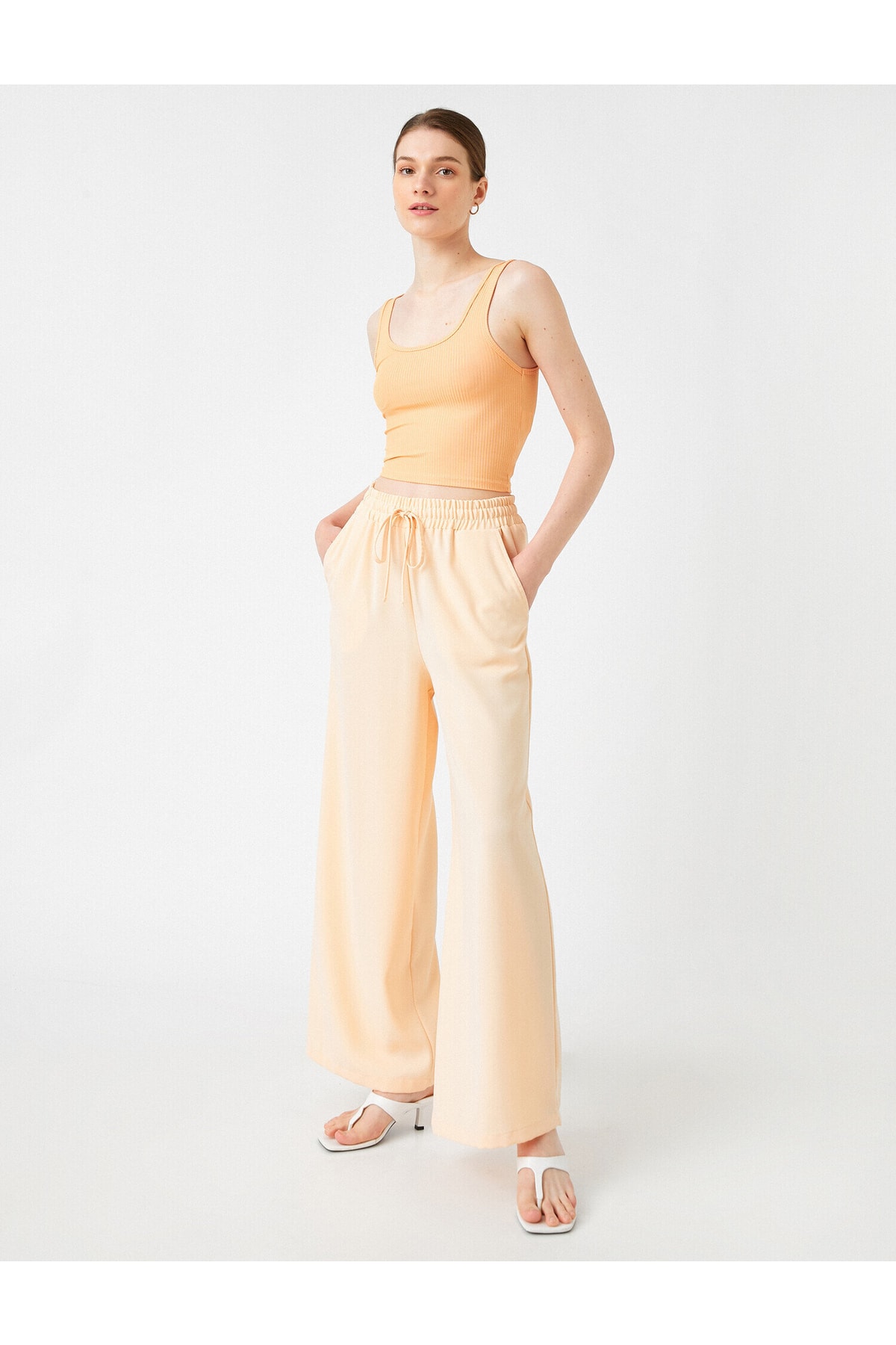 Koton Bekleidung, Hose, Weites Bein, Taschen, Taillenbindung, 2sak40073cw, Orange, Orange für Damen - 40