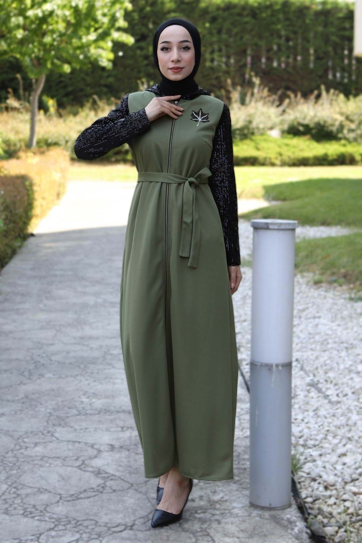 Modamihram Abaya Khaki Mit Paillettendetails für Damen - 40